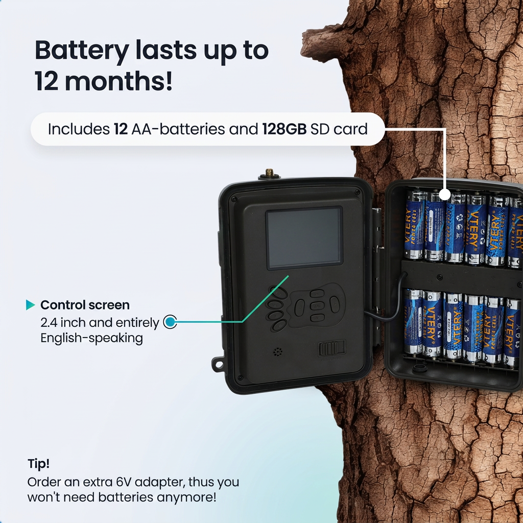 Wildcamera aan boom met open batterijvak, tekst benadrukt batterijduur.