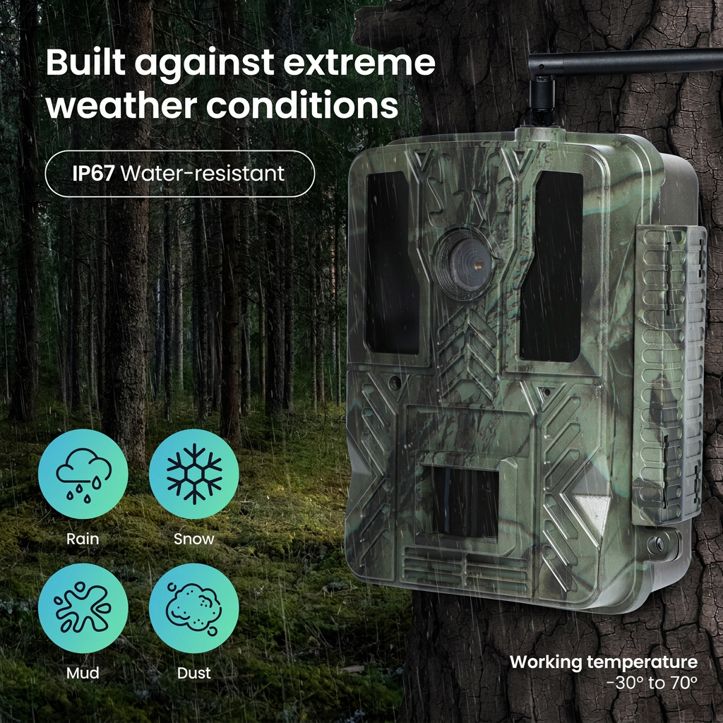 Camouflage wildcamera gemonteerd op een boom, bestand tegen extreme weersomstandigheden.