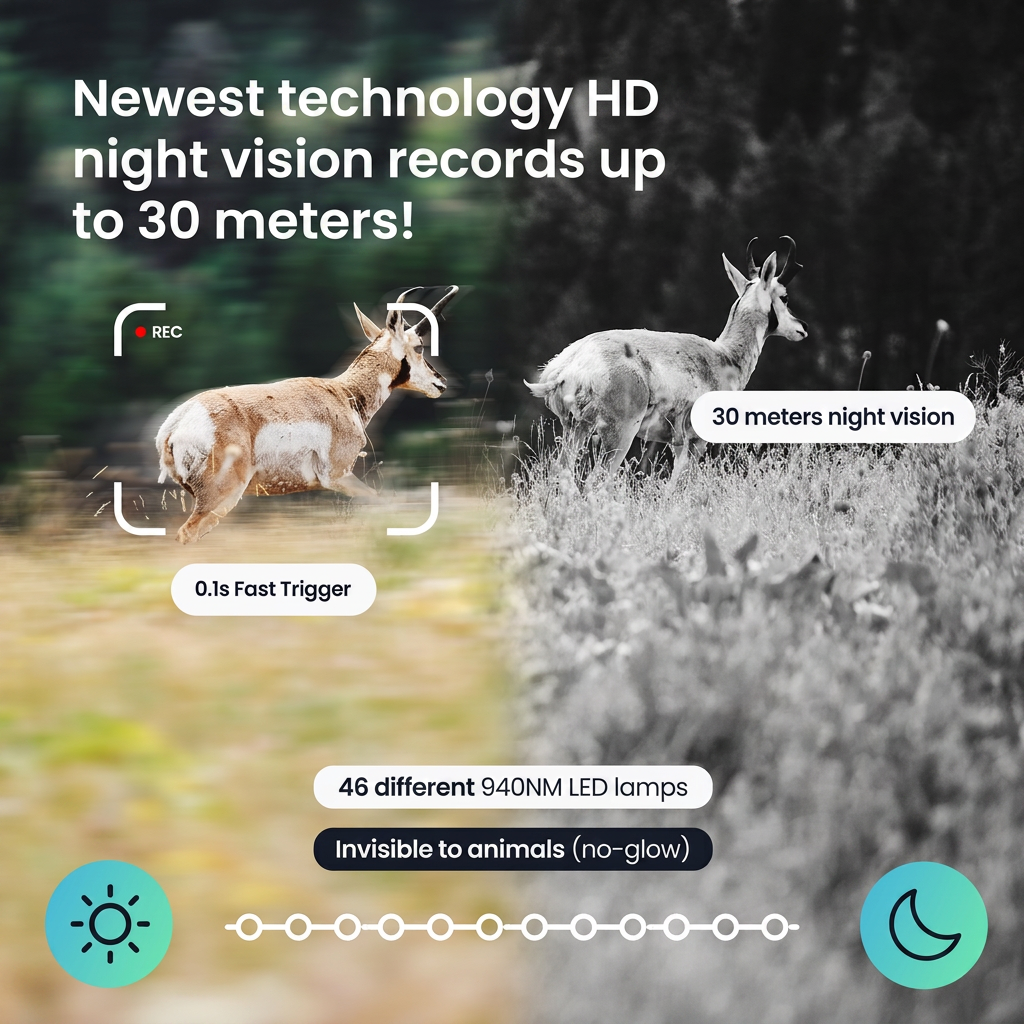 Vergelijking van een daglicht hertfoto en een 30m zwart-wit nachtzicht wildcamerabeeld in een bos.