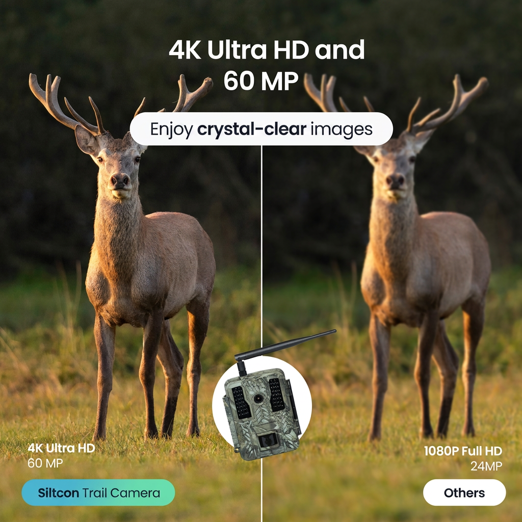 Vergelijking van twee hertenfoto's: links scherp in 4K, rechts wazig in 1080p, met een wildcamera ertussen.
