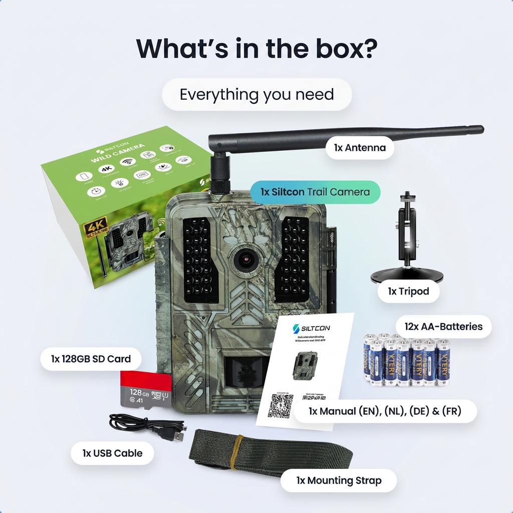 Wildcamera-set met doos, antenne, statief, SD-kaart, batterijen, kabel, handleiding en riem op een lichte achtergrond.