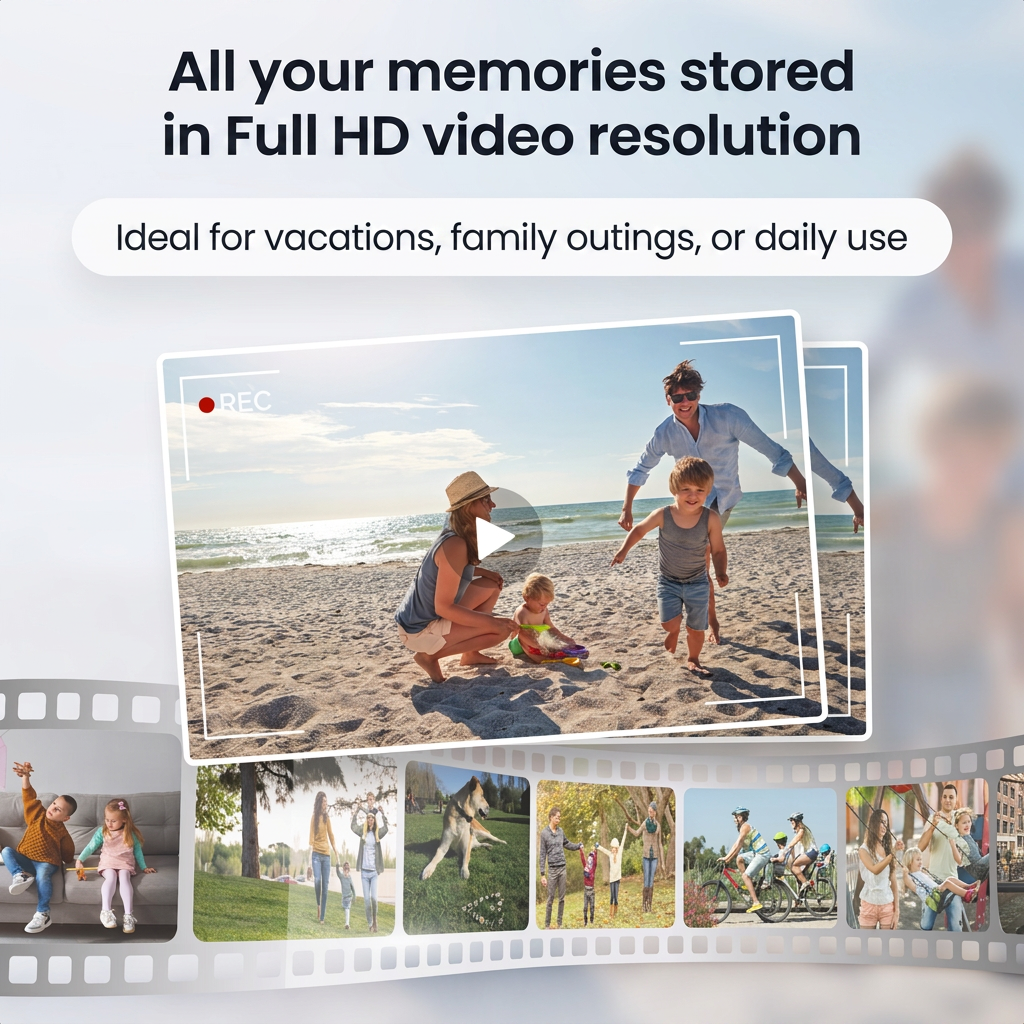 Gezin geniet van een zonnig stranddag, omkaderd door een filmstrip.