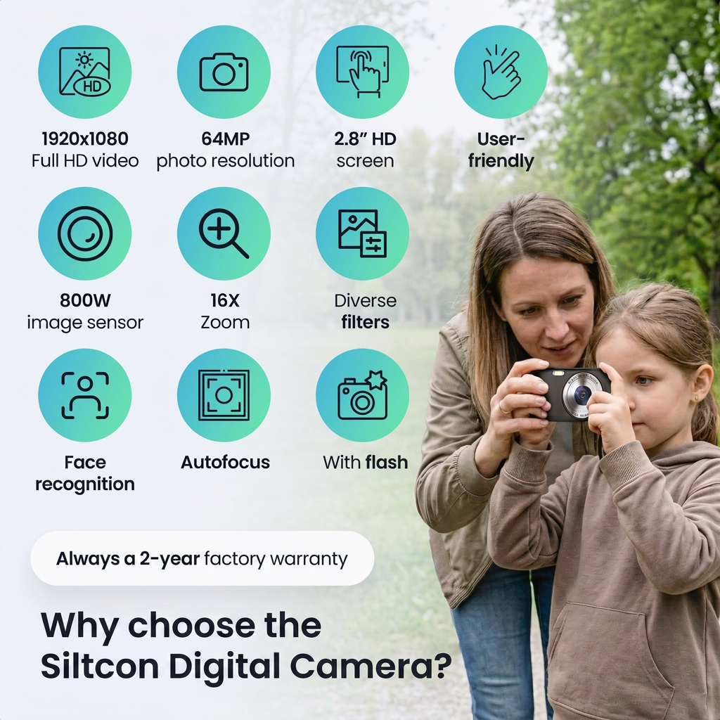 Een moeder en dochter gebruiken buiten een Siltcon digitale camera, omringd door producticonen.