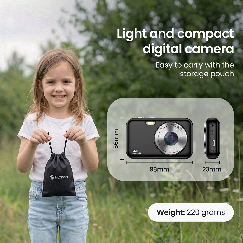 Een jong meisje houdt een zwart cameratasje voor een groene weide, met de afmetingen van de camera.