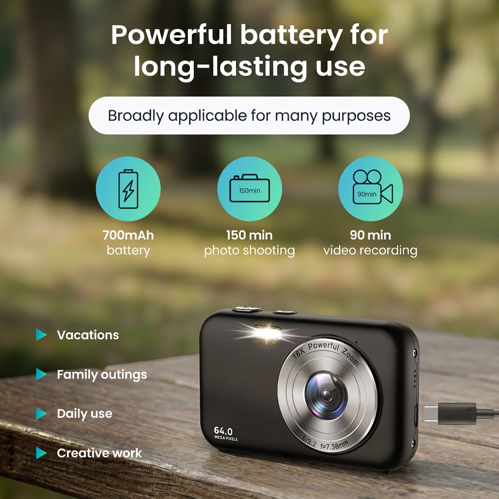 Zwarte digitale camera met flitser en USB-kabel op houten tafel, omringd door tekst en pictogrammen.