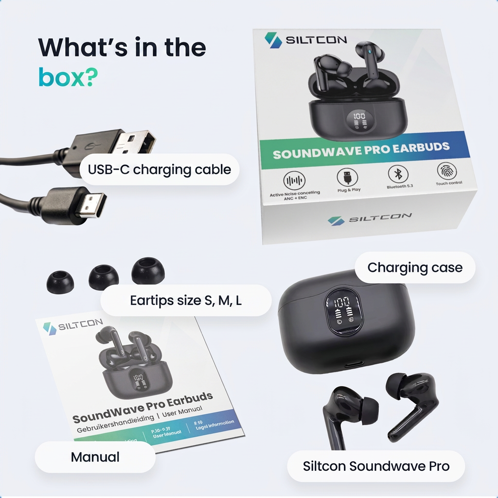Siltcon Soundwave Pro In-Ear-Kopfhörer mit Ladecase, Kabel, Ohrstöpseln und Handbuch.