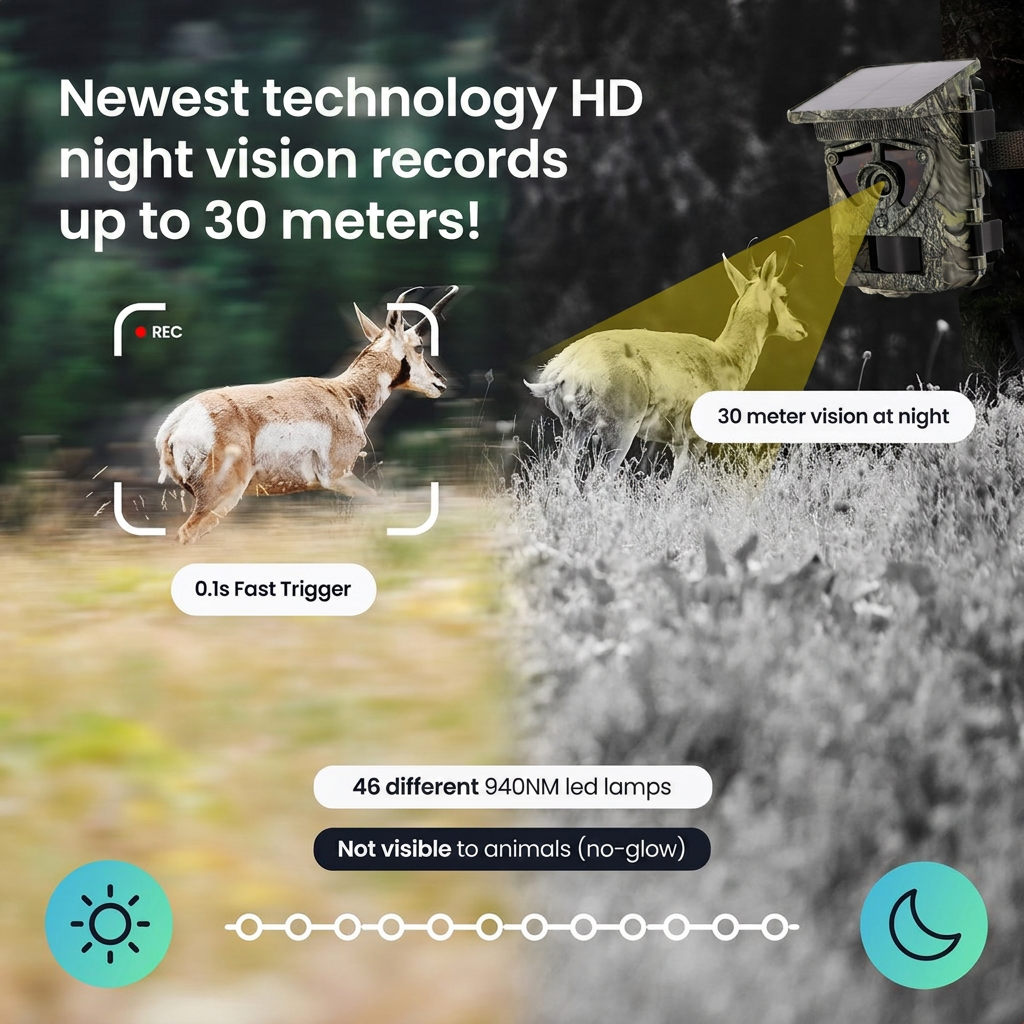 Een wildcamera legt een hert vast, met nadruk op nachtzicht en snelle ontspanning.