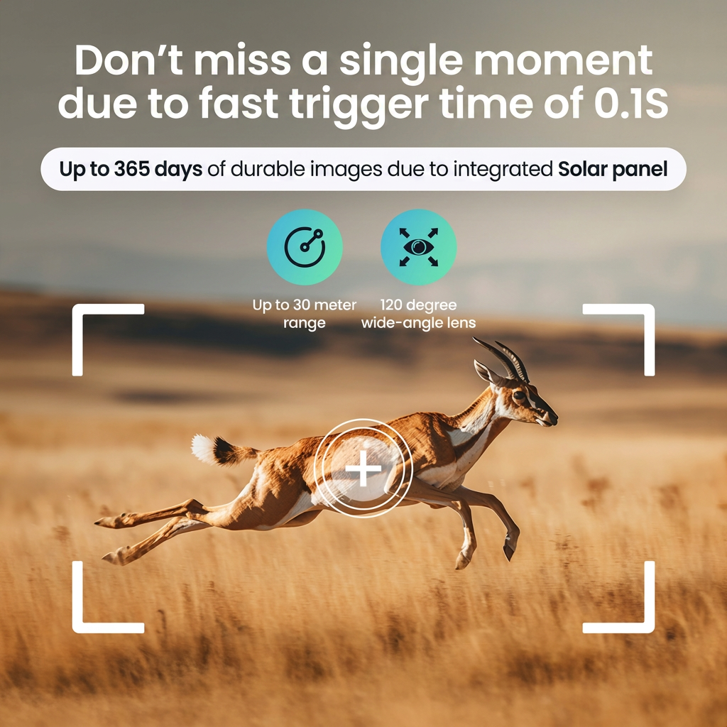 Een antilope renidt door een grasveld; tekst en iconen promoten wildcamerakenmerken.