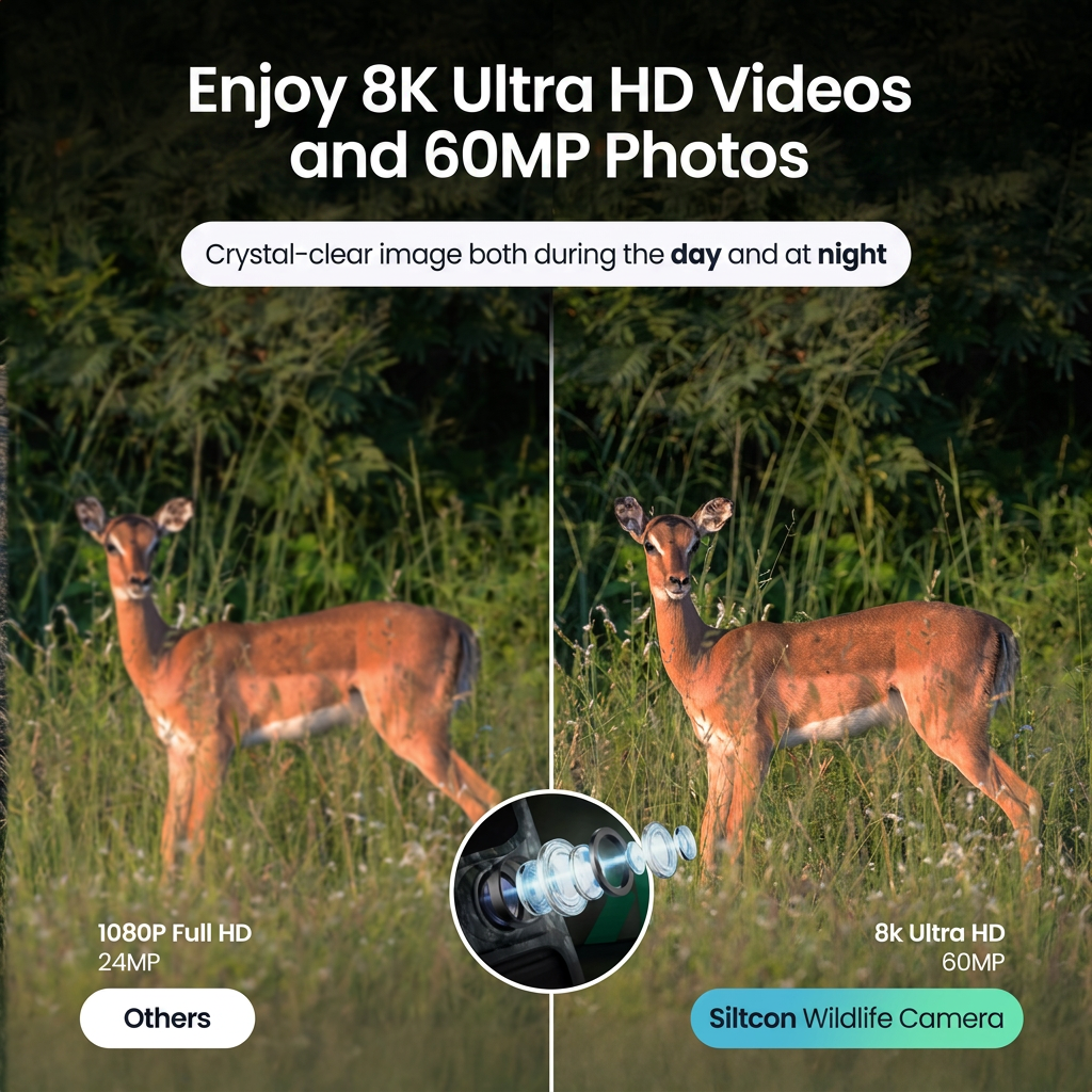 Vergelijking van een wazige hertenfoto met een scherpe 8k Ultra HD wildcamerabeeld.