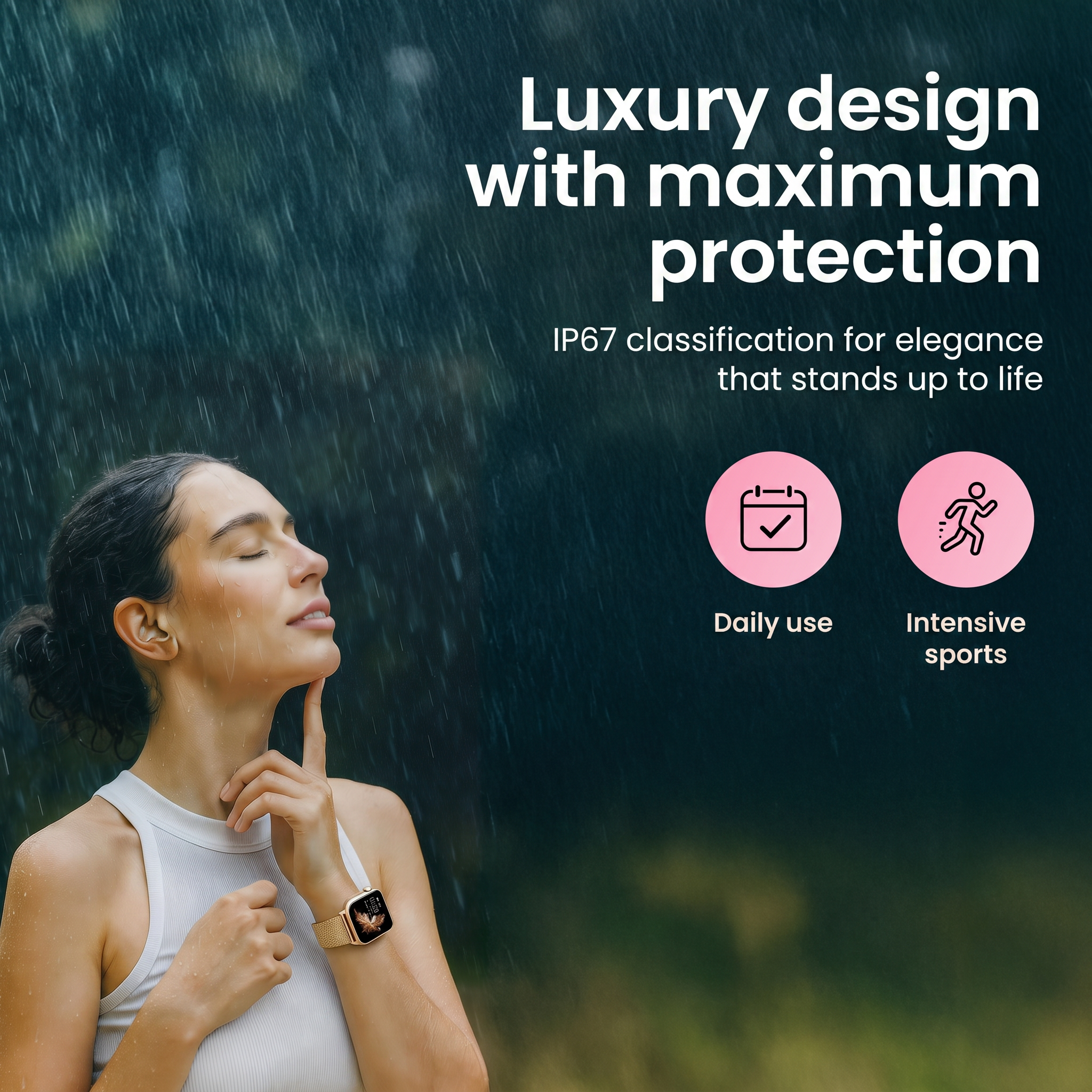 Vrouw met smartwatch staat in de regen met gesloten ogen en promotietekst.