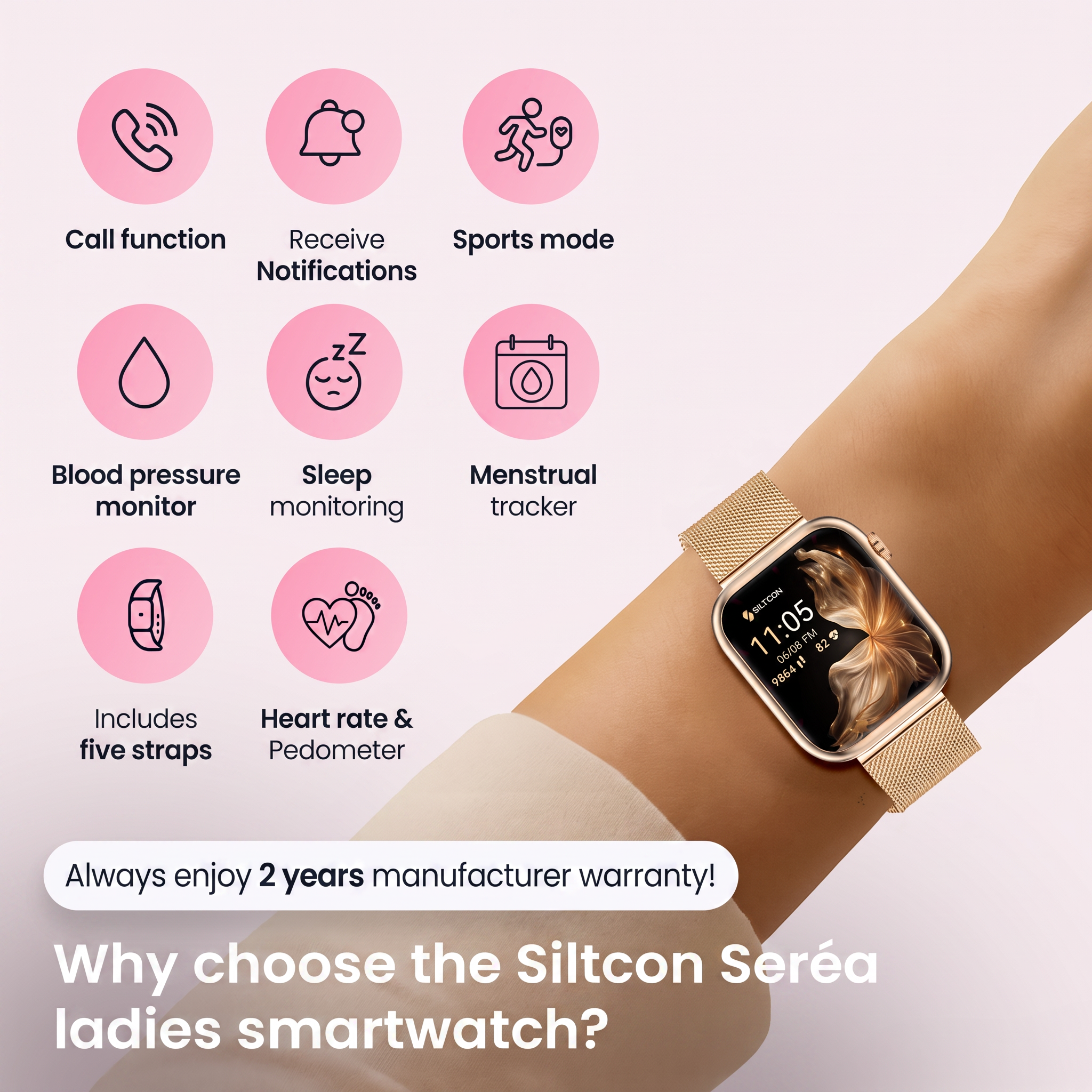 Een Siltcon Serea dames smartwatch met gouden band om de pols, omringd door functie-icoontjes.