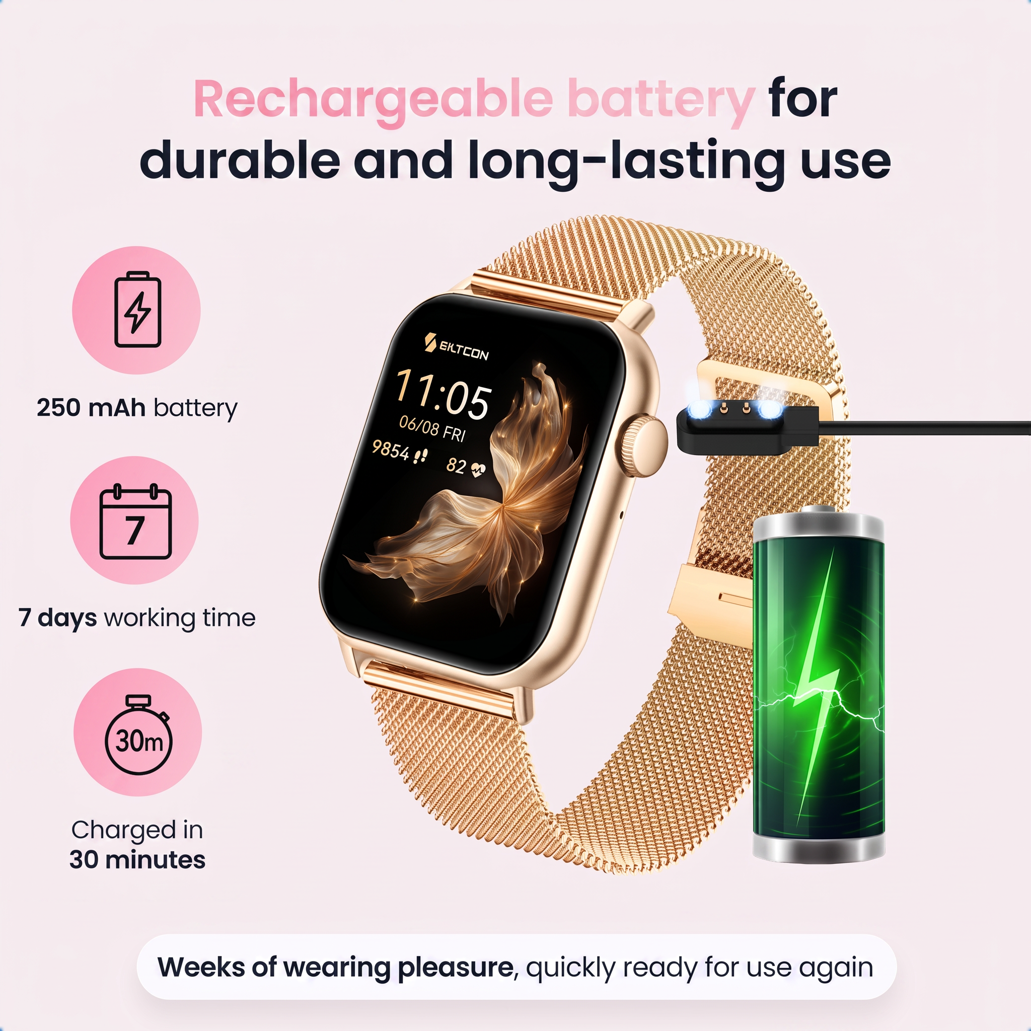 Gouden smartwatch met magnetische lader en iconen voor 250mAh, 7 dagen gebruiksduur en 30 minuten oplaadtijd.