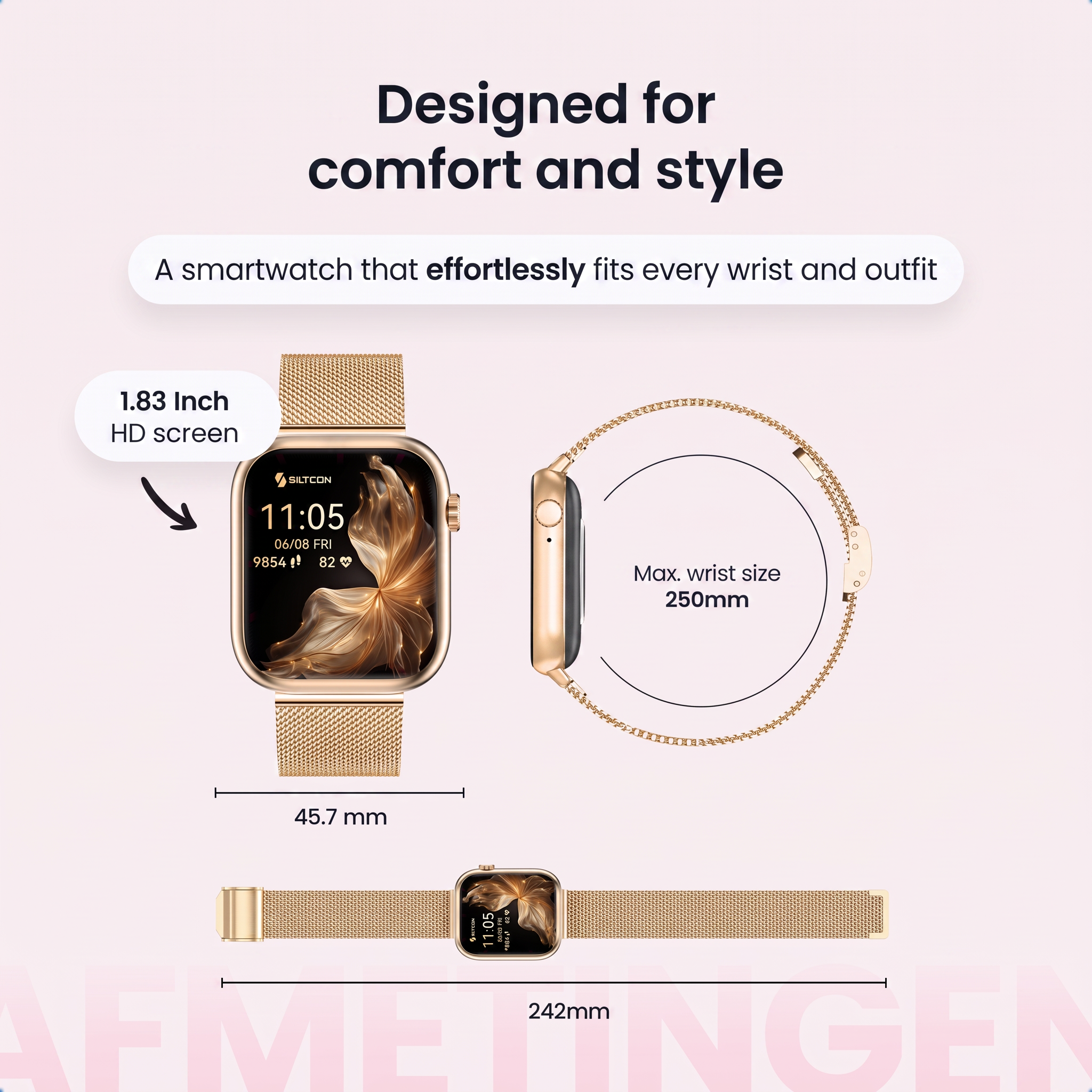 Gouden smartwatch met 1,83 inch hd-scherm en afmetingen.