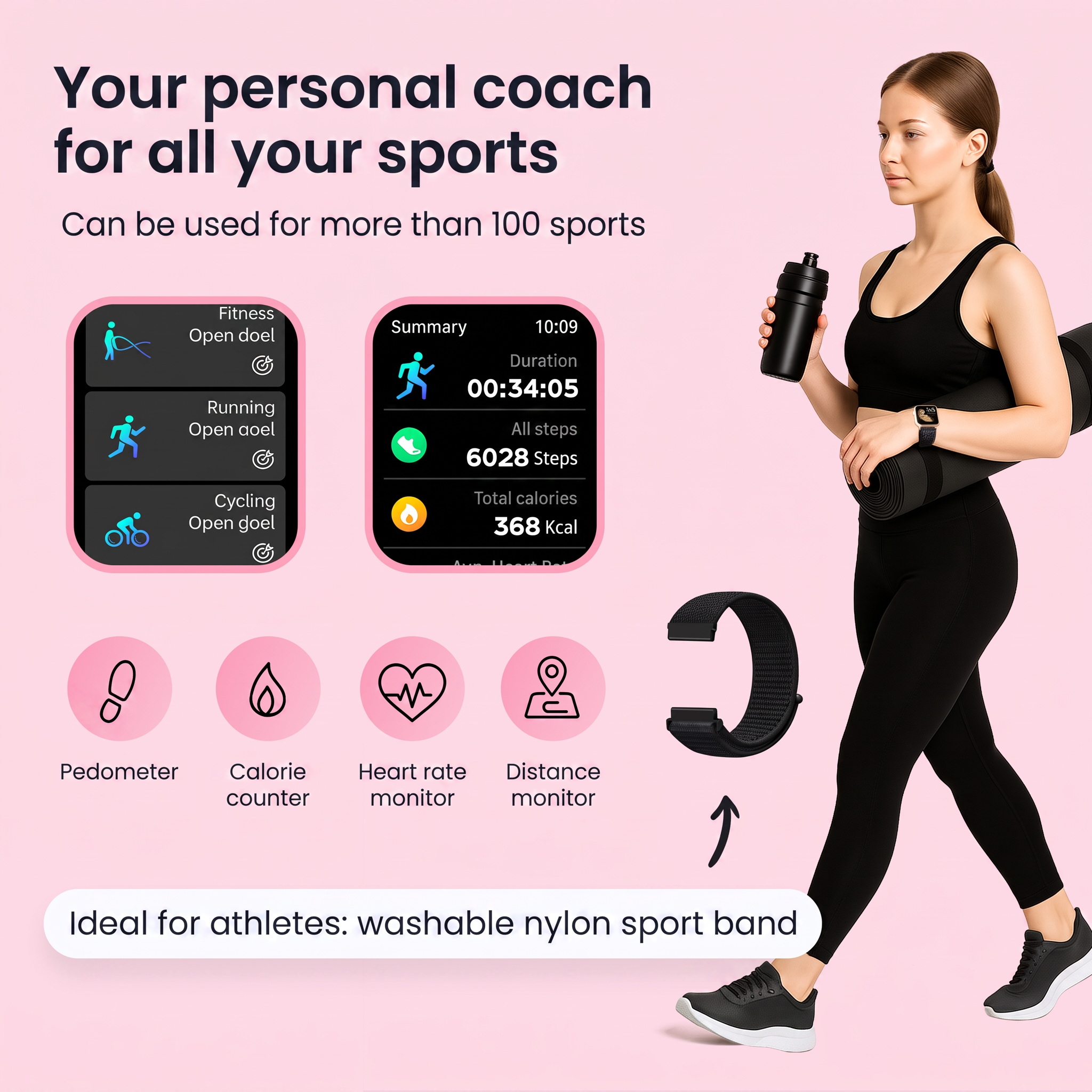 Een vrouw in sportkleding houdt een mat en fles vast bij smartwatch-pictogrammen.