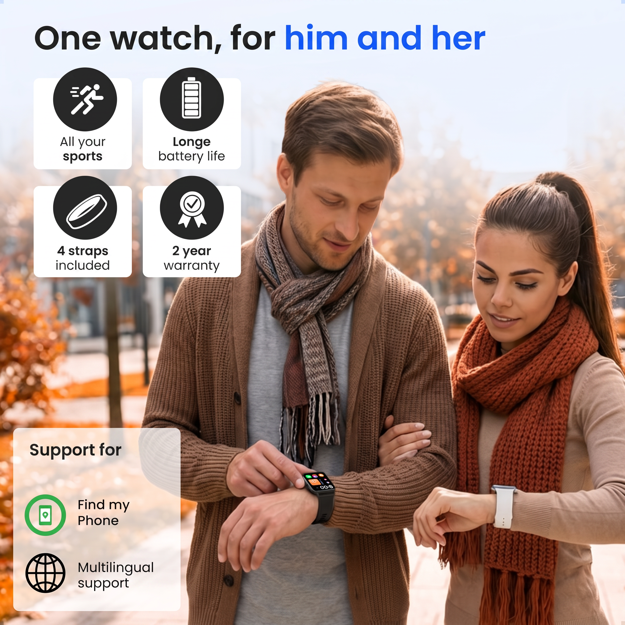 Een man en een vrouw buiten kijken naar hun smartwatches.