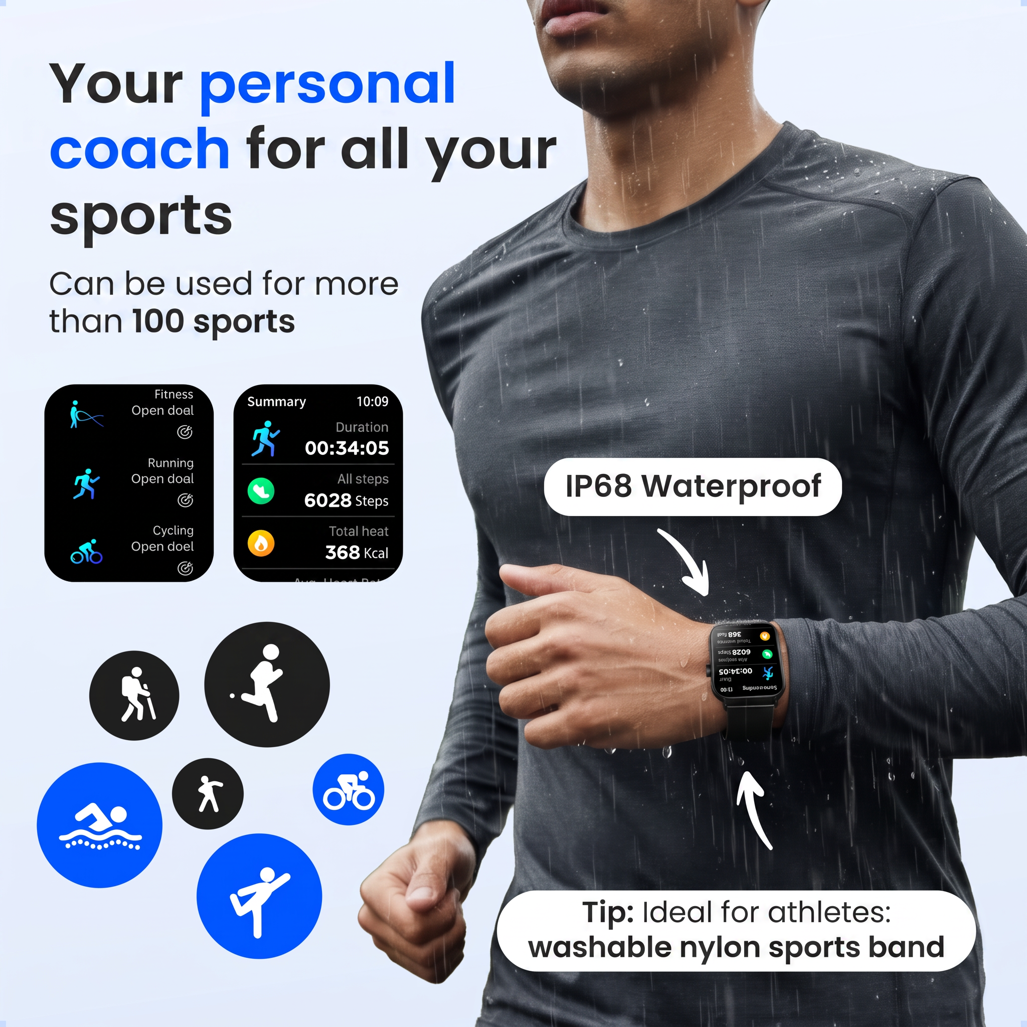 Een atleet in sportkleding draagt een waterdichte smartwatch met fitnessstatistieken.