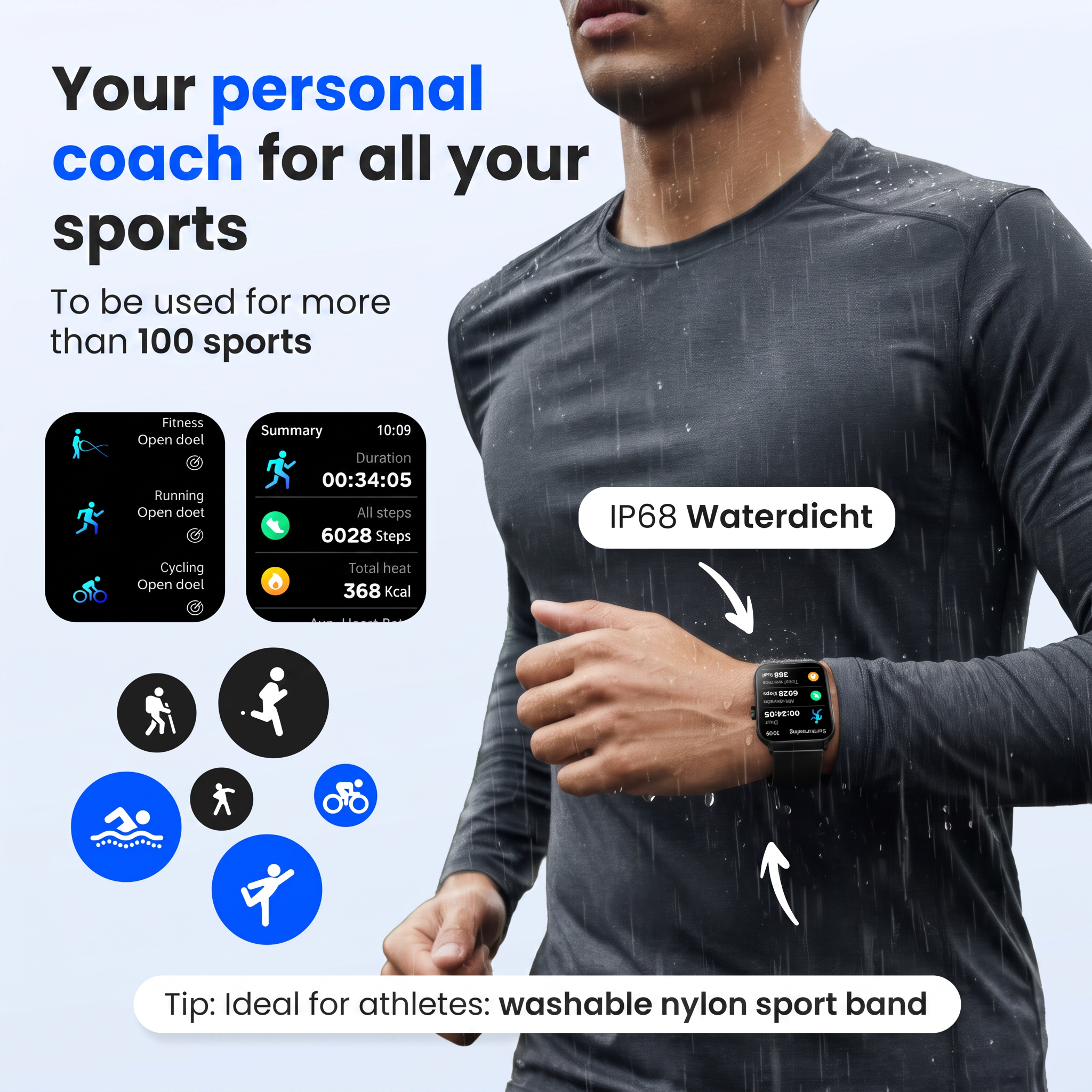 Een sporter draagt een waterdichte smartwatch in de regen met promotiemateriaal.