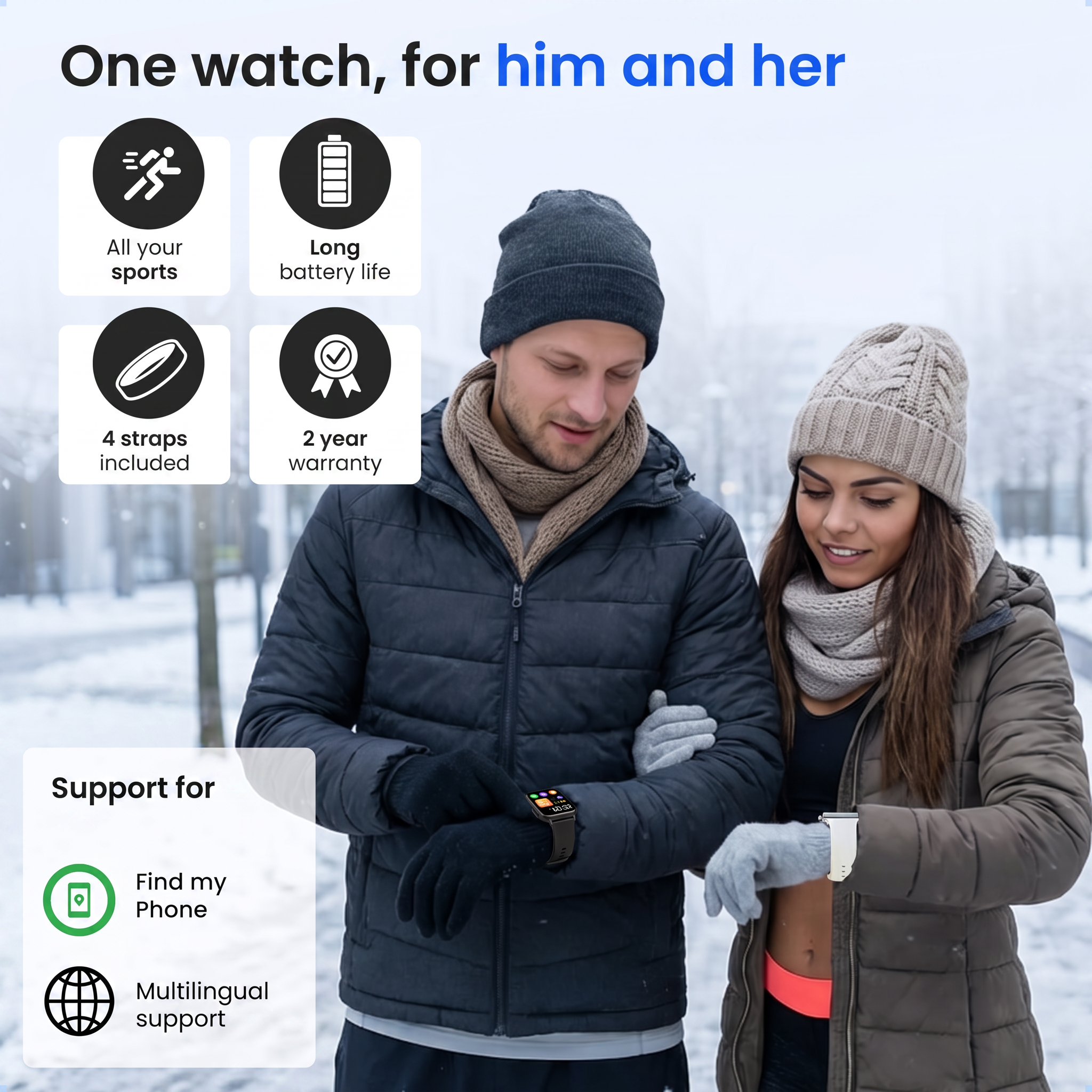 Een stel in winterkleding buiten, de man kijkt naar zijn smartwatch, met pictogrammen voor sport en batterij.