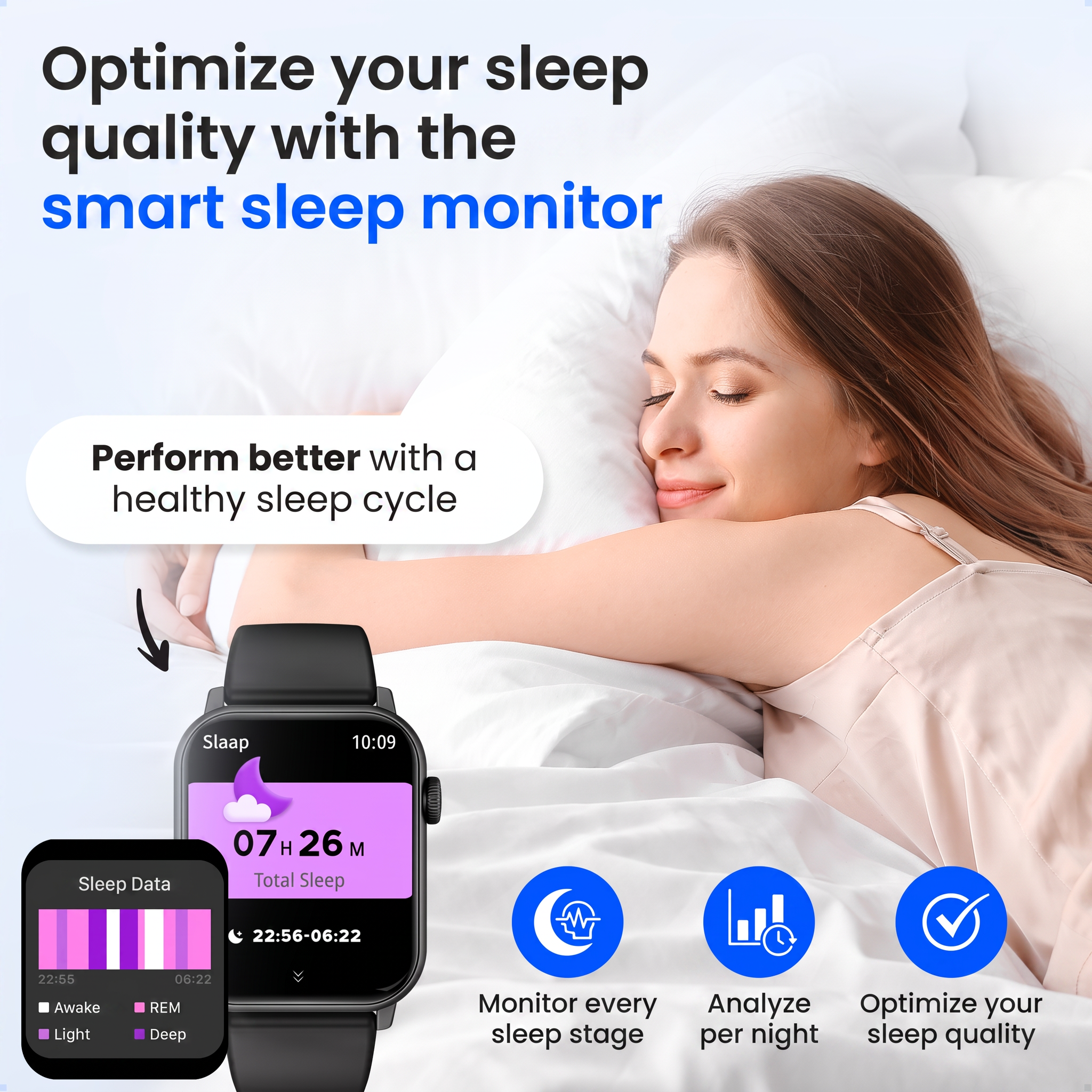 Een vrouw slaapt rustig in bed naast een smartwatch die slaapgegevens weergeeft.