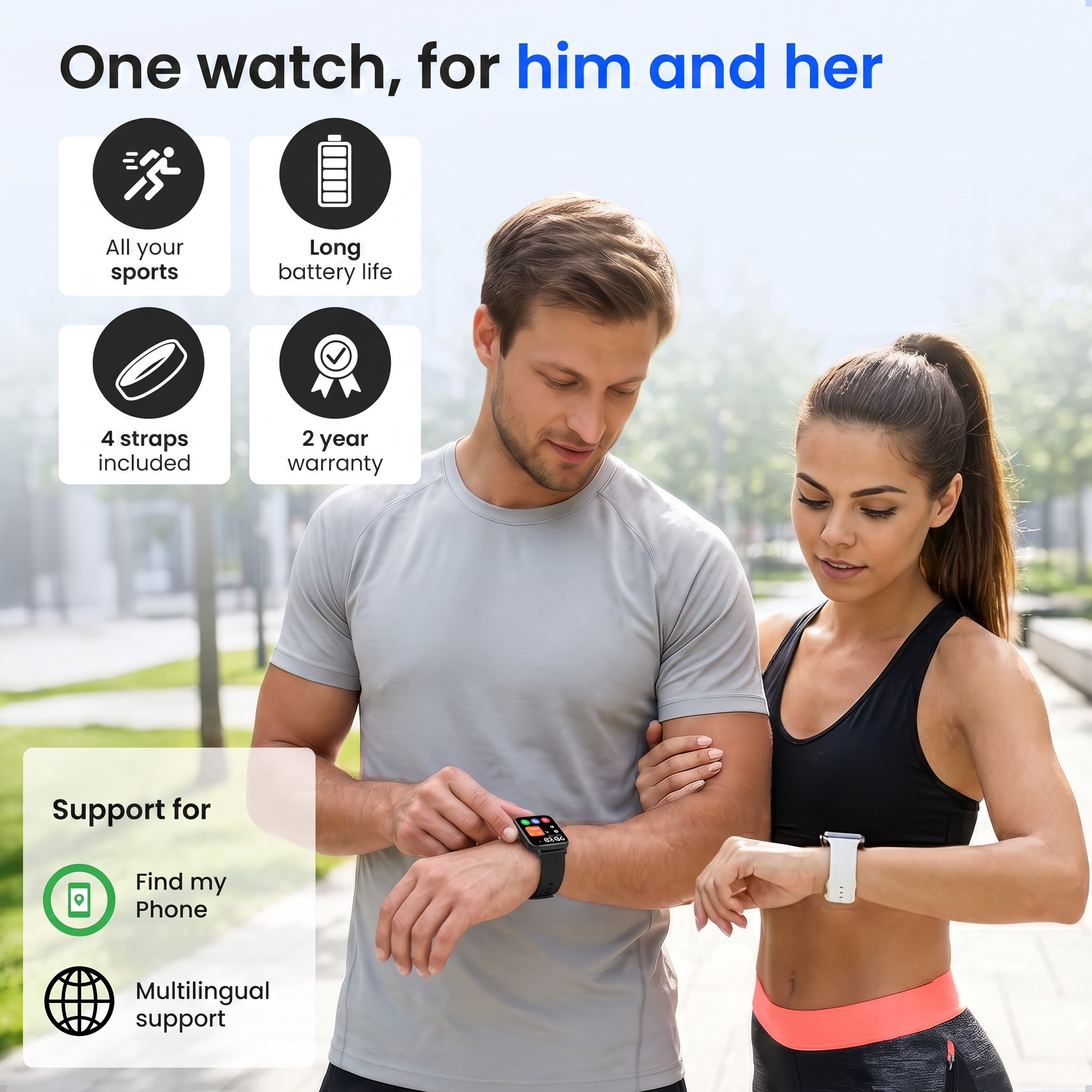 Een man en vrouw kijken buiten naar sportsmartwatches om hun pols, met pictogrammen en tekst.