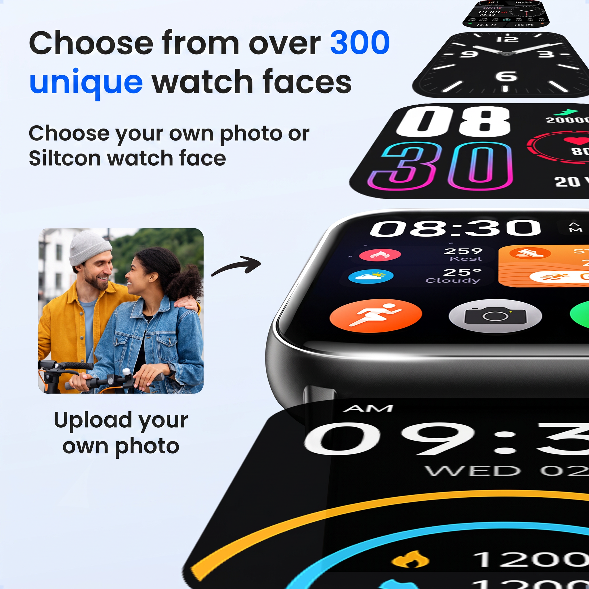 Een advertentie voor een smartwatch met eigen foto upload en diverse wijzerplaten.