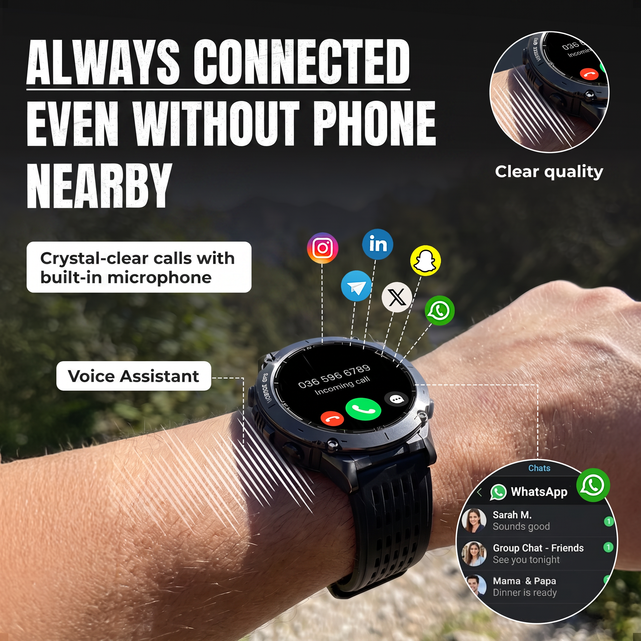 Smartwatch om de pols met oproepscherm en app-pictogrammen.