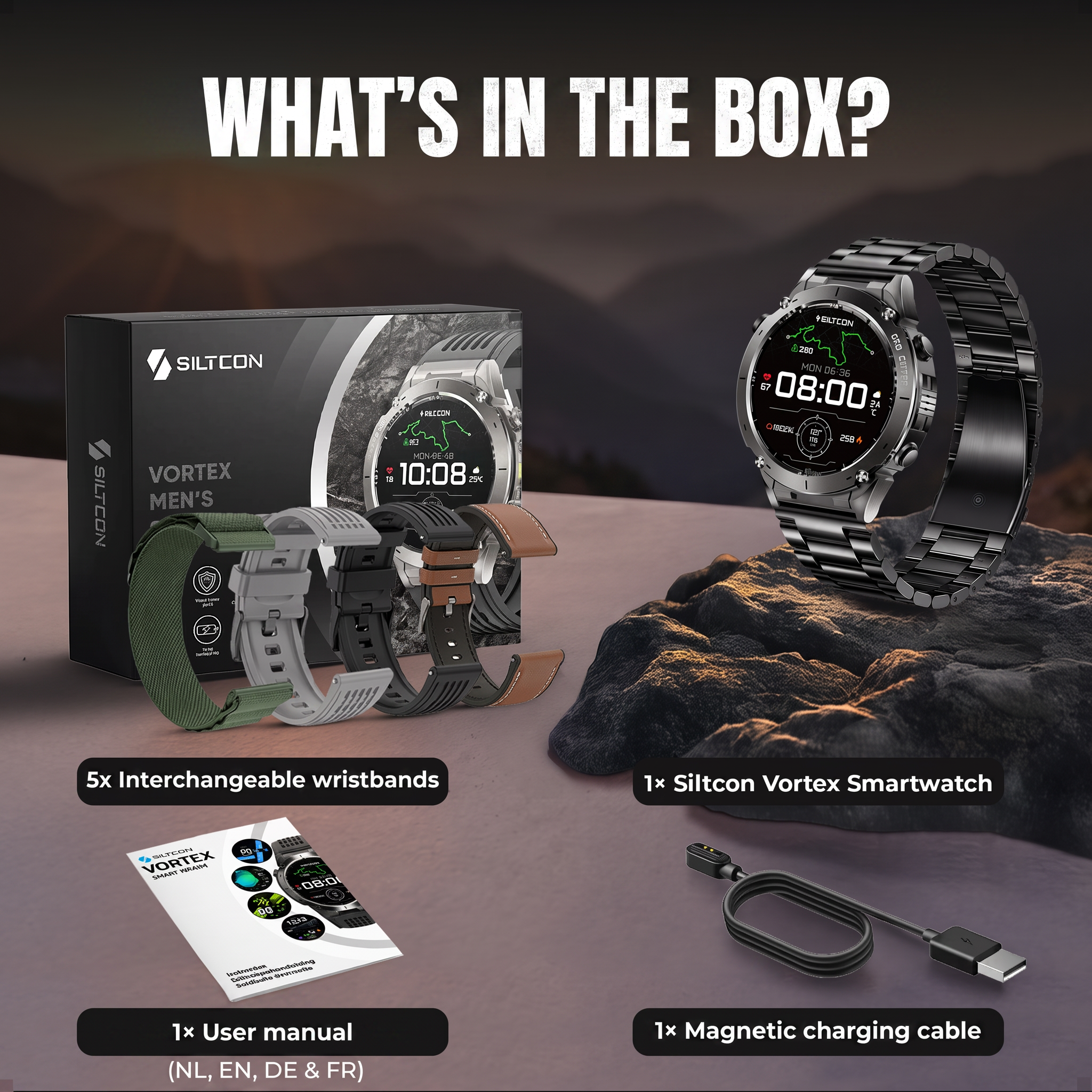 Siltcon Vortex smartwatch set met doos, vijf bandjes, handleiding en kabel.
