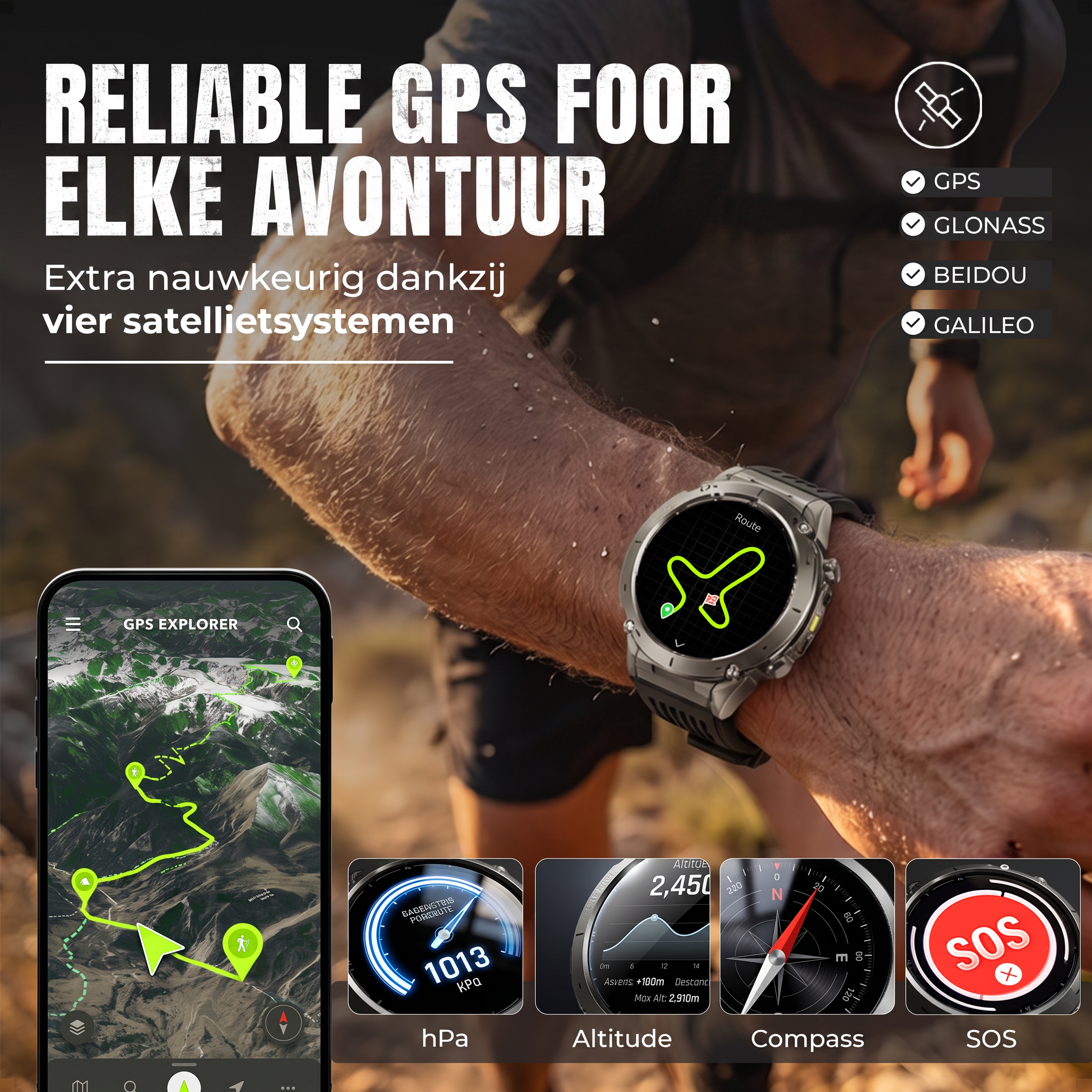Sporter draagt een GPS-smartwatch met routekaart, terwijl een smartphone-app bergnavigatie en SOS toont.