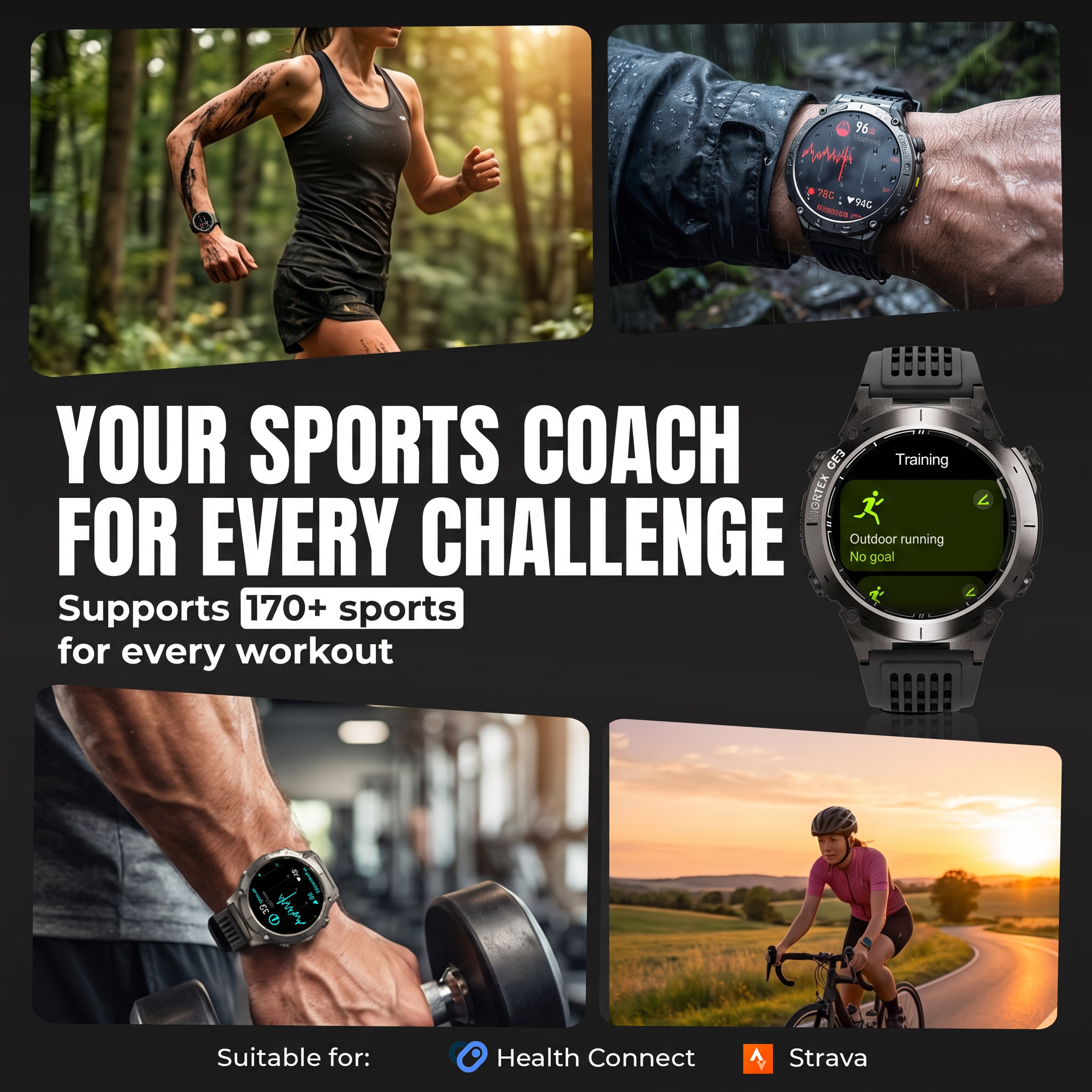 Sport-smartwatch voor diverse workouts, getoond met buiten- en fitnessscènes.