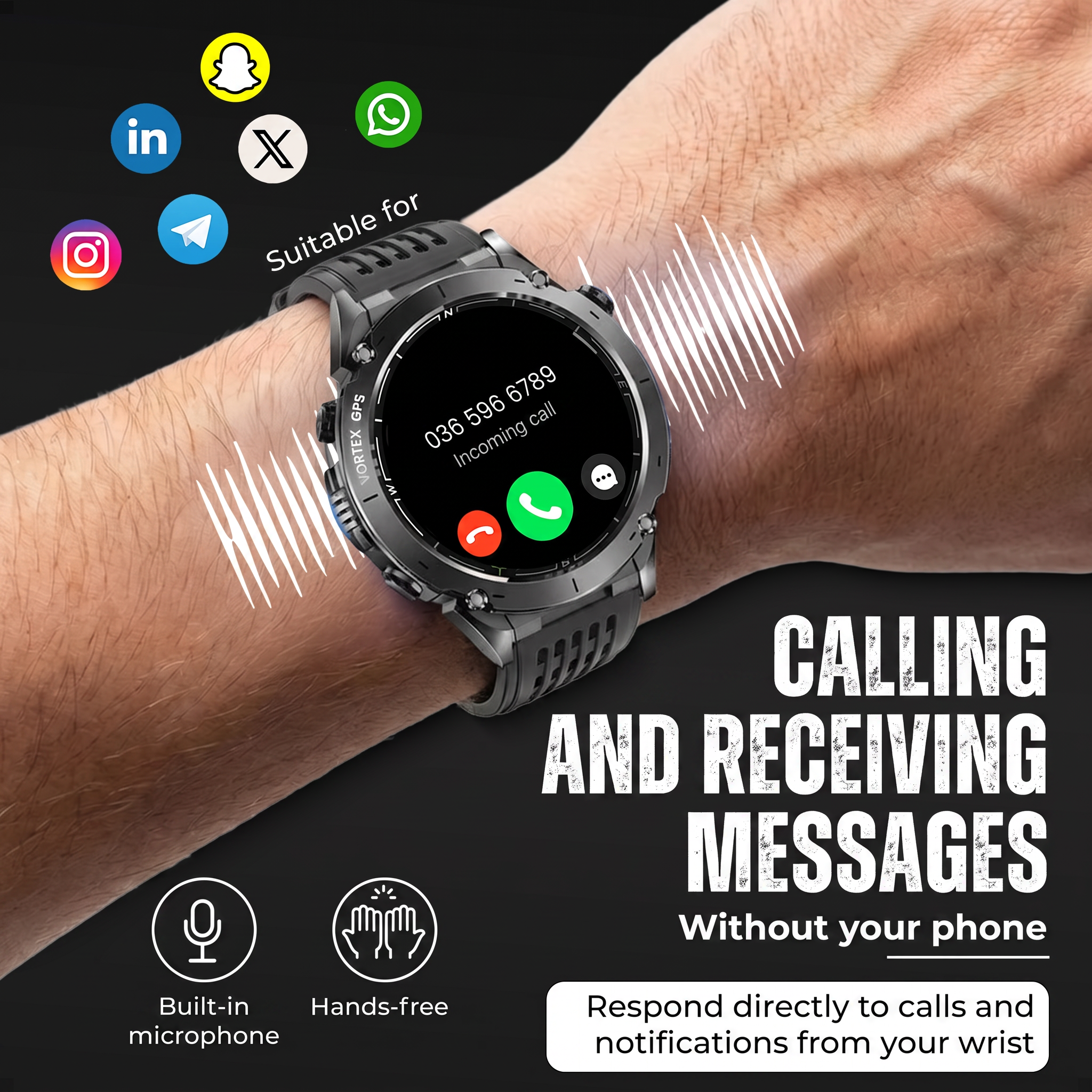 Een smartwatch toont een inkomende oproep, omringd door app-logo's en tekst over bellen.