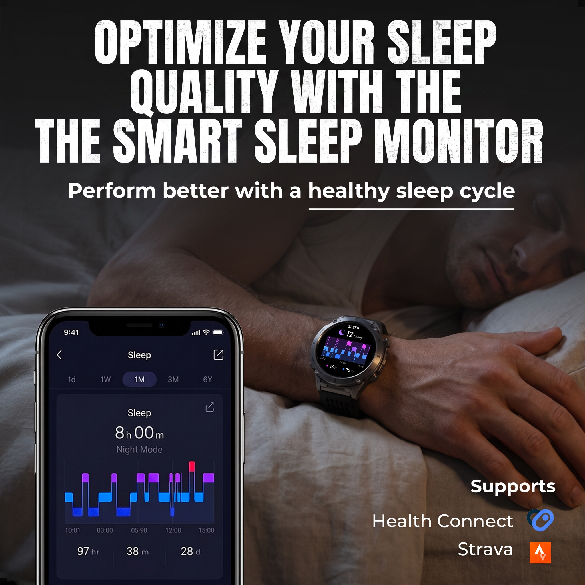 Een man slaapt in bed met een smartwatch, terwijl een smartphone-app slaapgegevens toont.