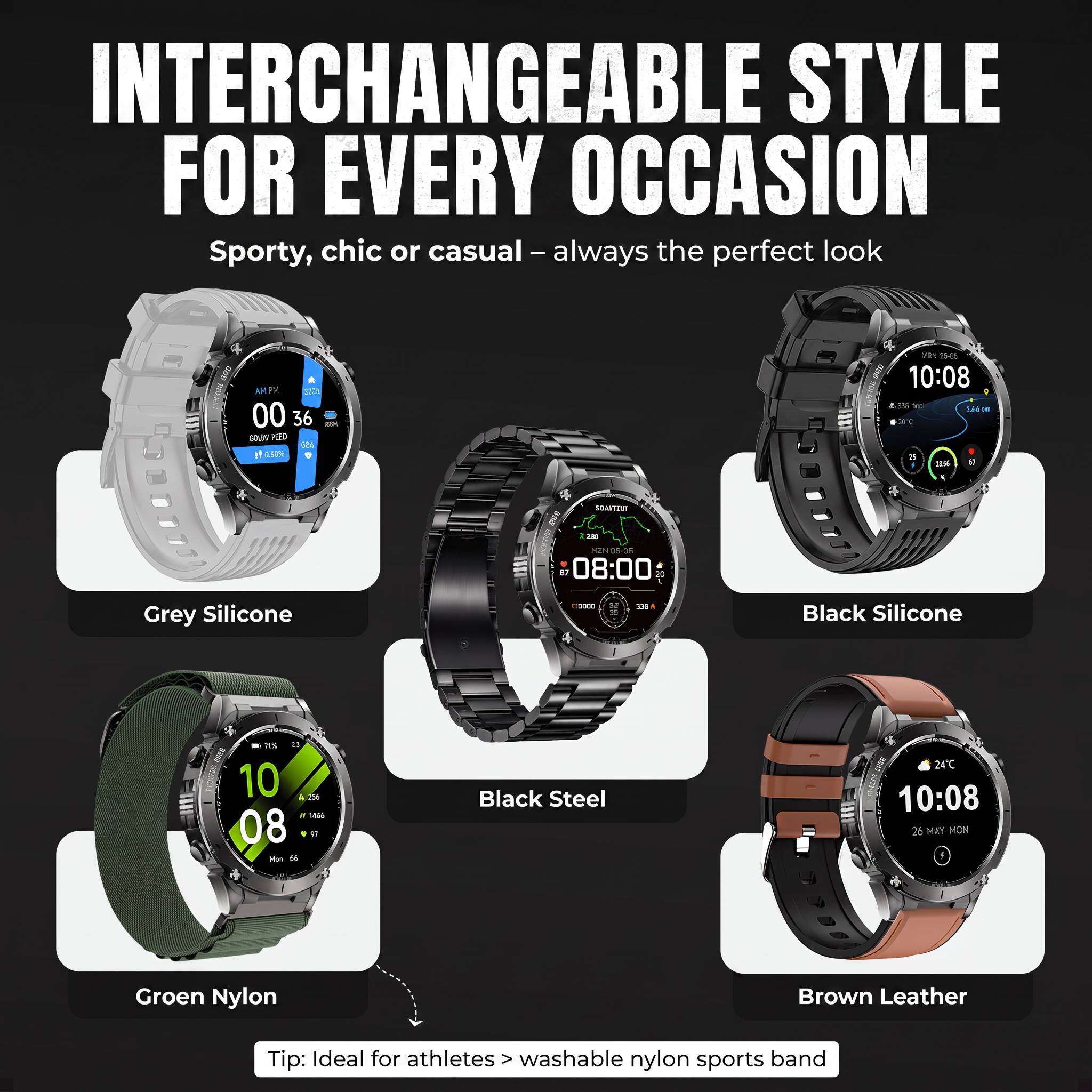 Vijf smartwatches met verschillende bandjes in grijs, zwart, groen en bruin op zwarte achtergrond.