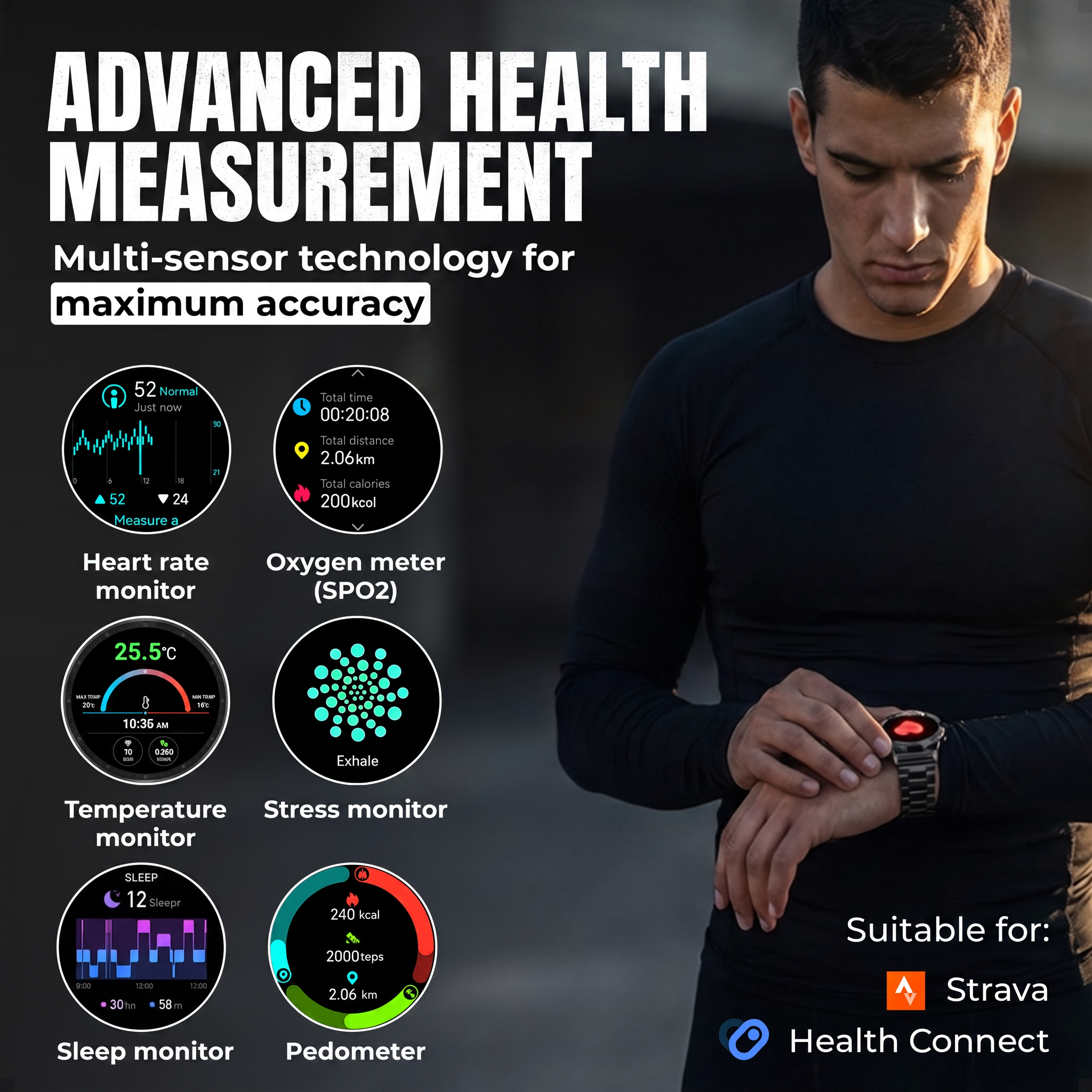 Een atleet kijkt naar zijn smartwatch terwijl pictogrammen gezondheidsfuncties zoals hartslag en slaap tonen.
