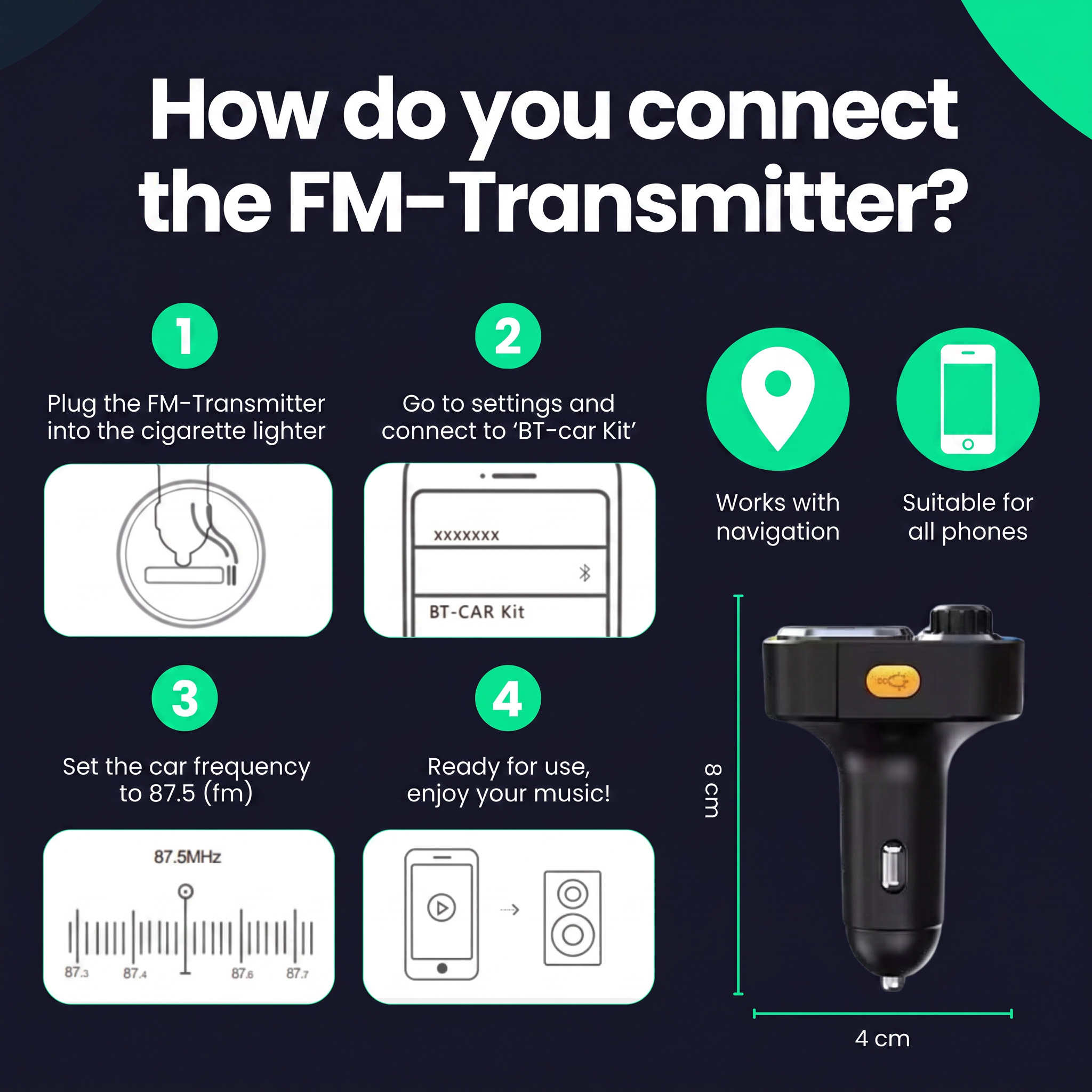 Anleitung zur Verbindung eines FM-Transmitters mit Schritten und Maßen.