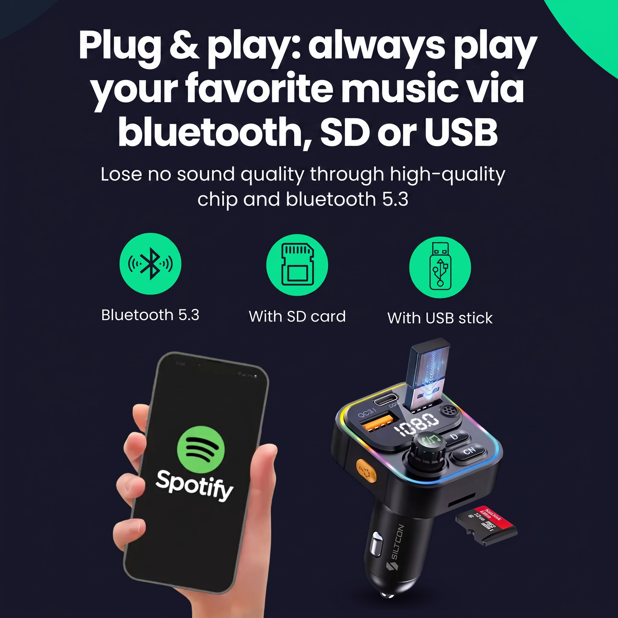 Bluetooth-FM-Transmitter mit USB-Stick und SD-Karte, dazu ein Smartphone mit Spotify.