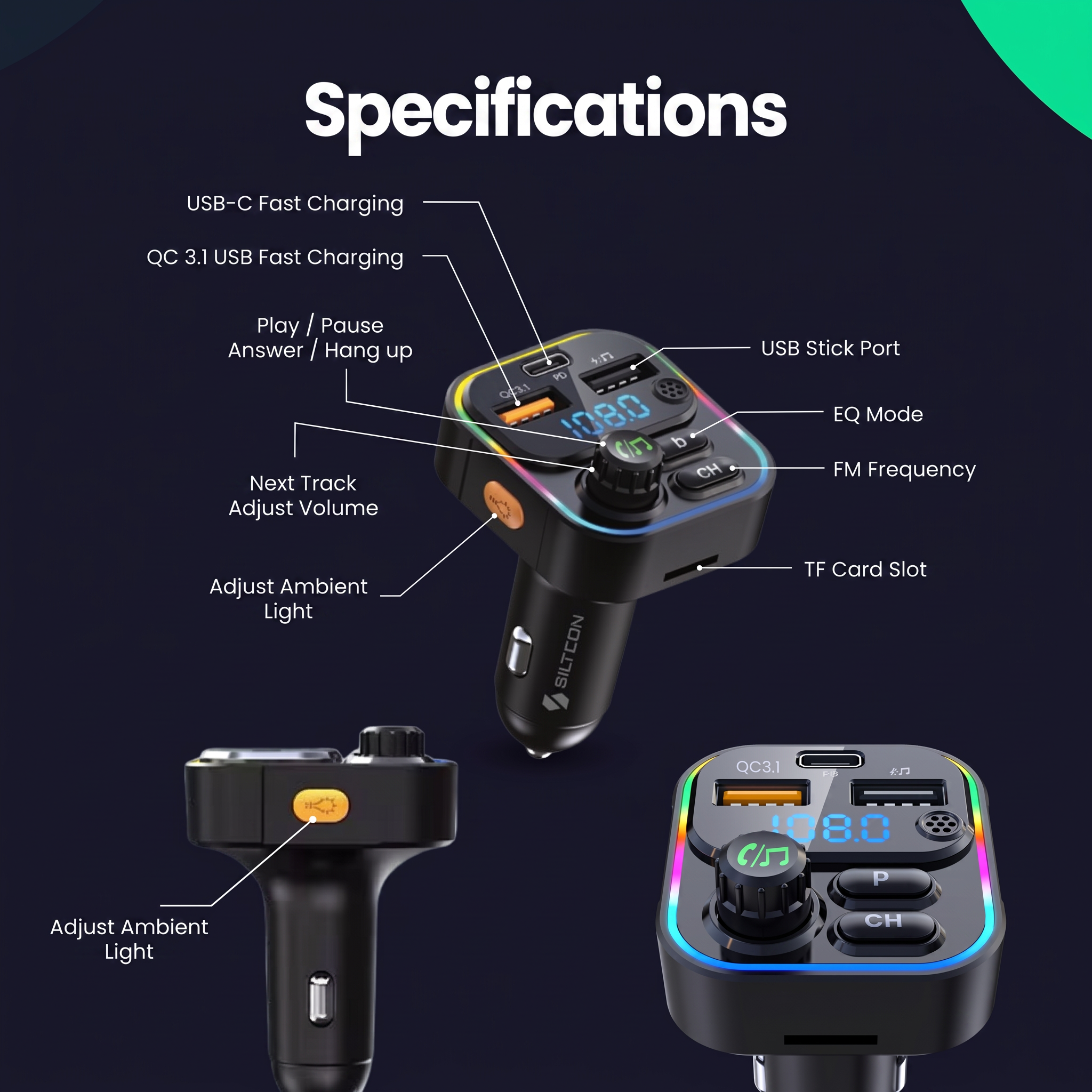 Diagramm mit den Spezifikationen und Tasten eines schwarzen Bluetooth-FM-Transmitters.