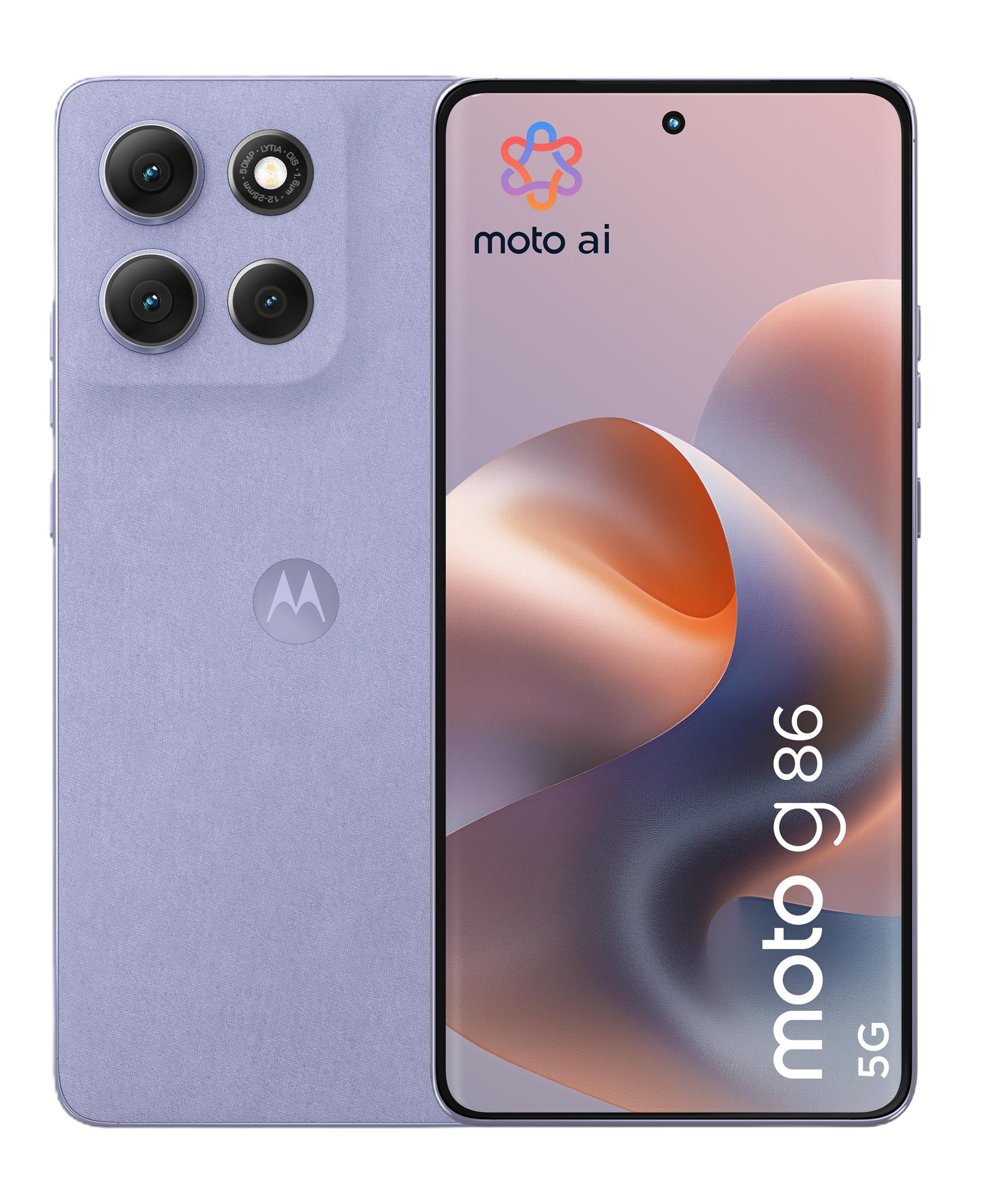 Lawendowy smartfon Moto g86 5G z poczwórnym aparatem i logo moto ai na ekranie.