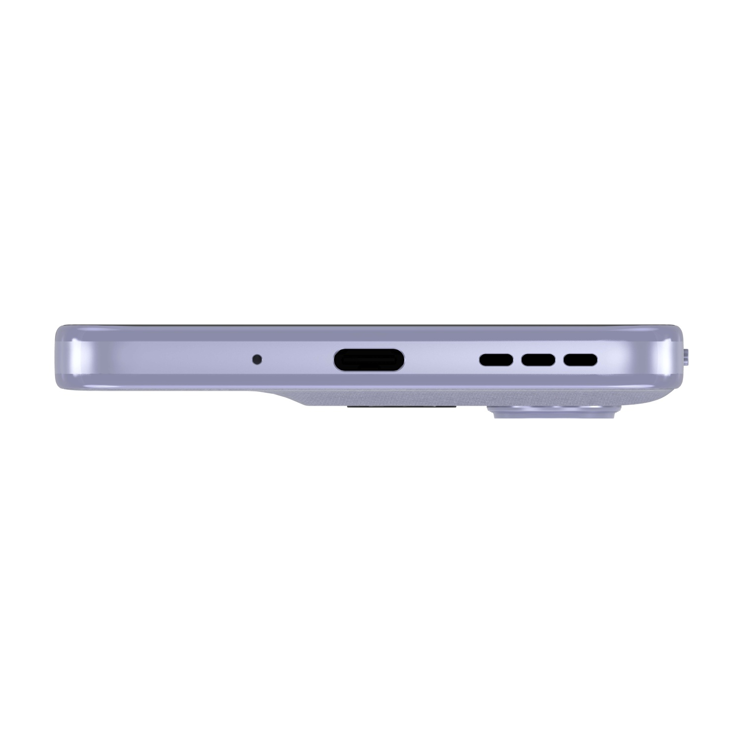 Dolny widok fioletowego smartfona z portem USB-C, mikrofonem i głośnikiem.