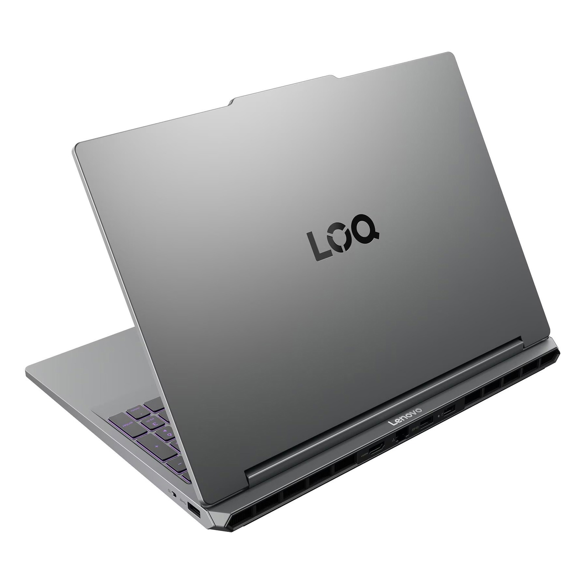 Arka bağlantı noktaları görünen beyaz arka planda kapalı gri Lenovo LOQ dizüstü bilgisayar.
