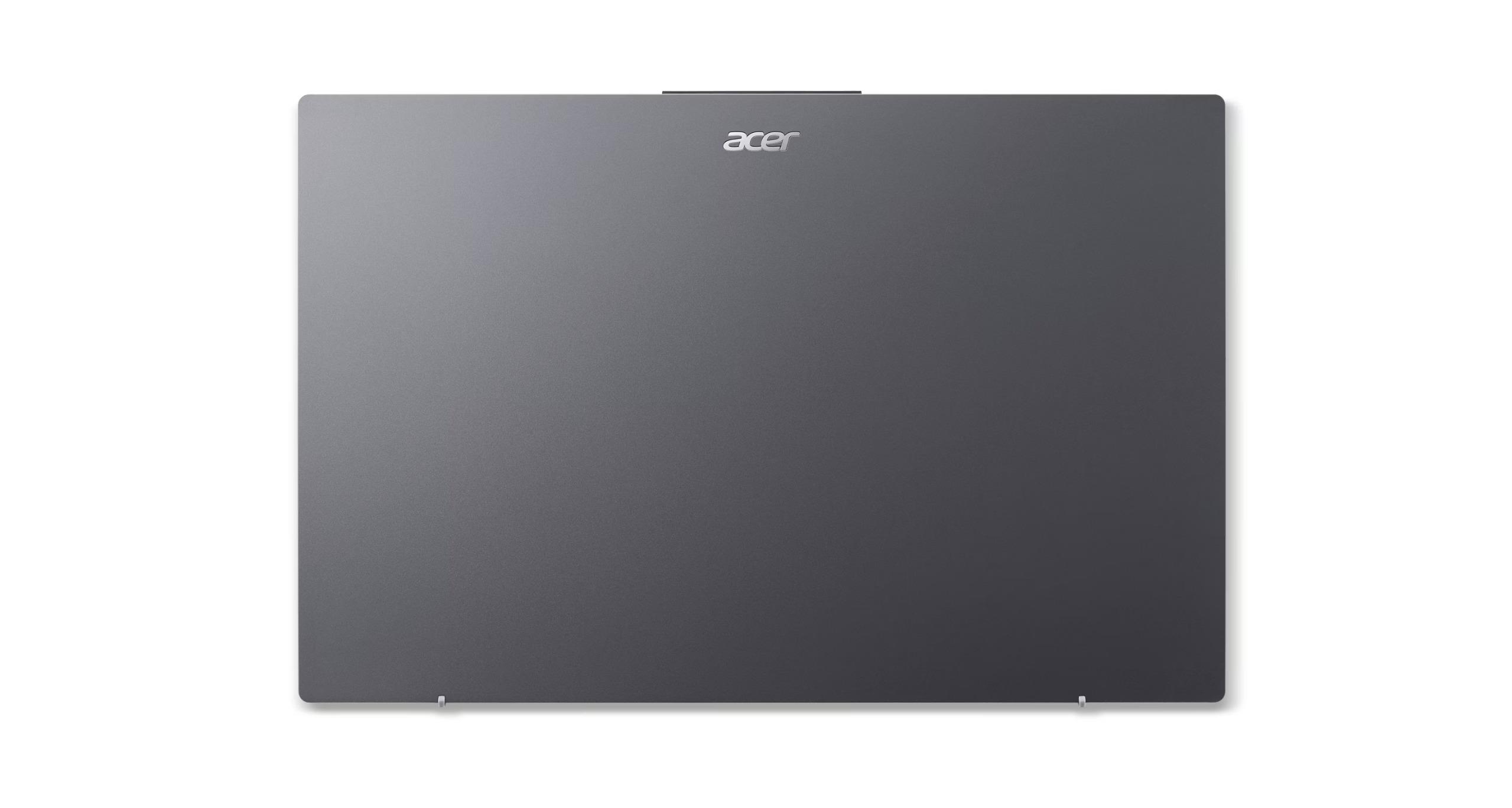 Beyaz arka planda üstünde gümüş logo bulunan kapalı gri Acer dizüstü bilgisayar.