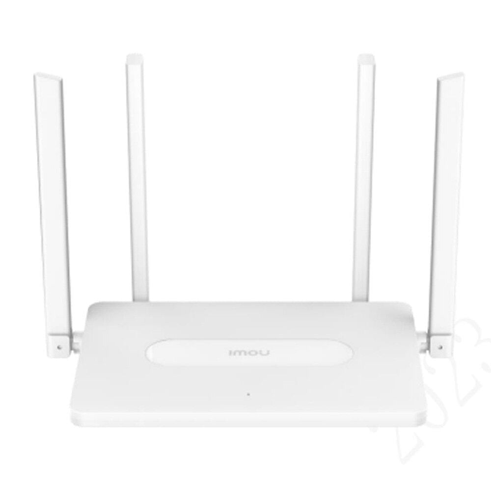 Ein weißer Imou-WLAN-Router mit vier senkrechten Antennen auf weißem Hintergrund.