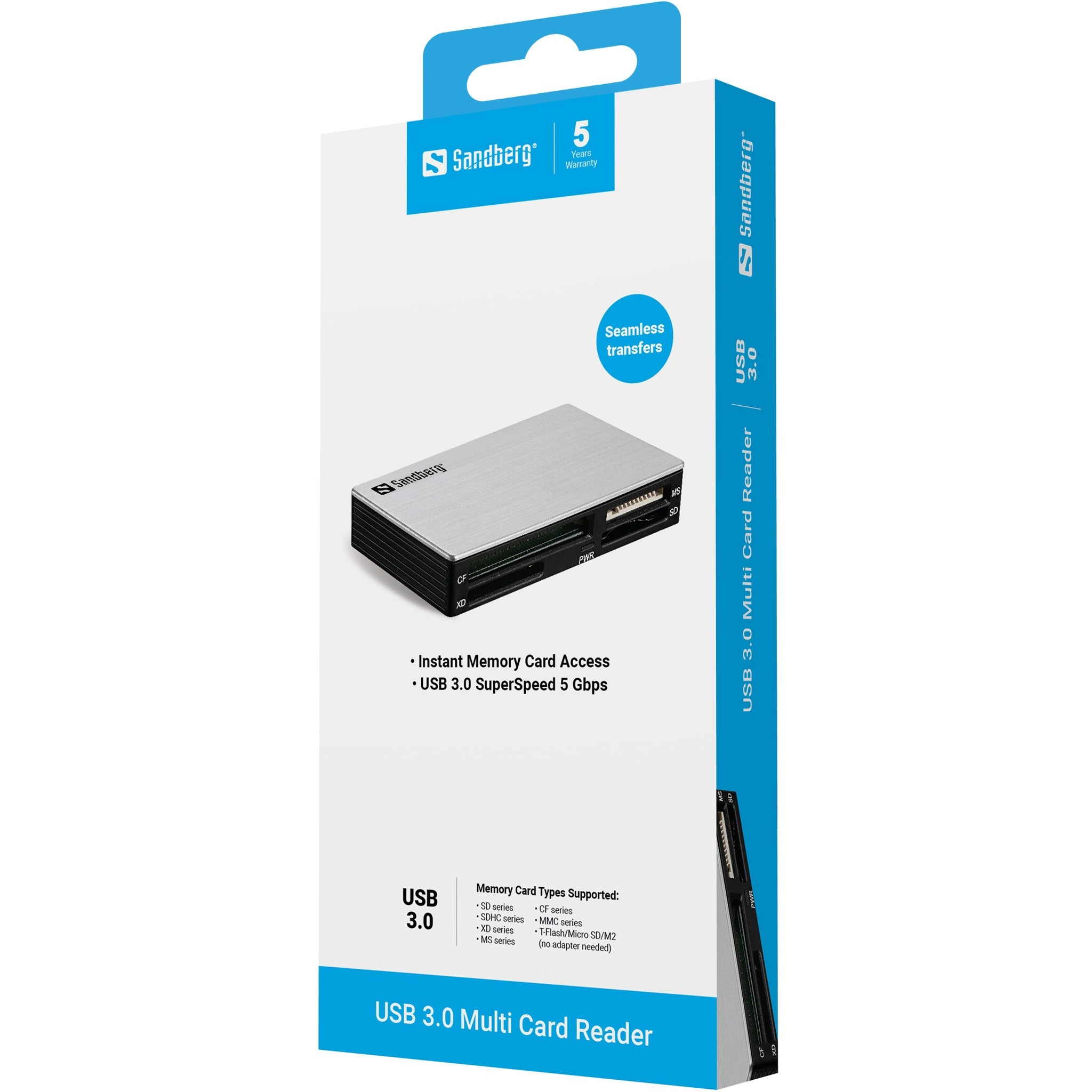 Sandberg USB 3.0 Multi Card Reader Box mit Produktbild und technischen Daten.