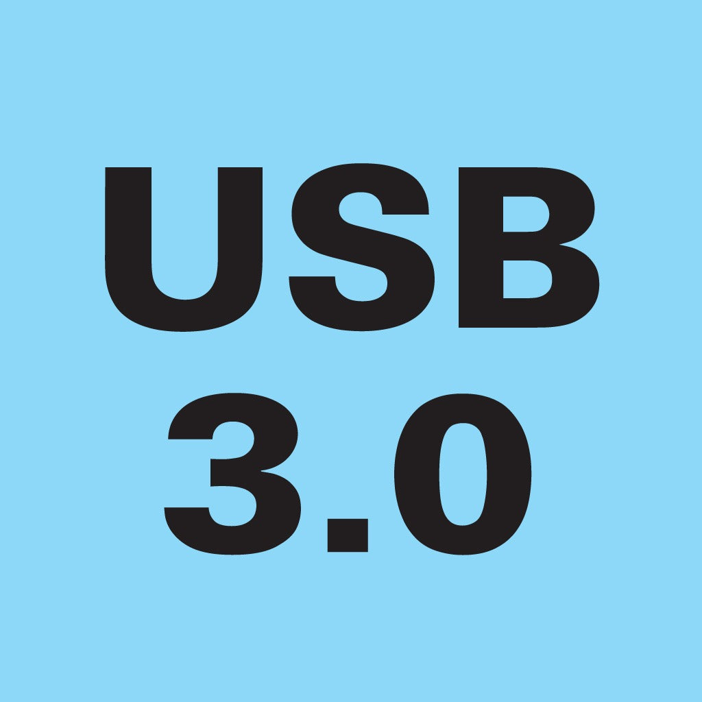 Schwarzer Text USB 3.0 auf einem hellblauen Hintergrund.