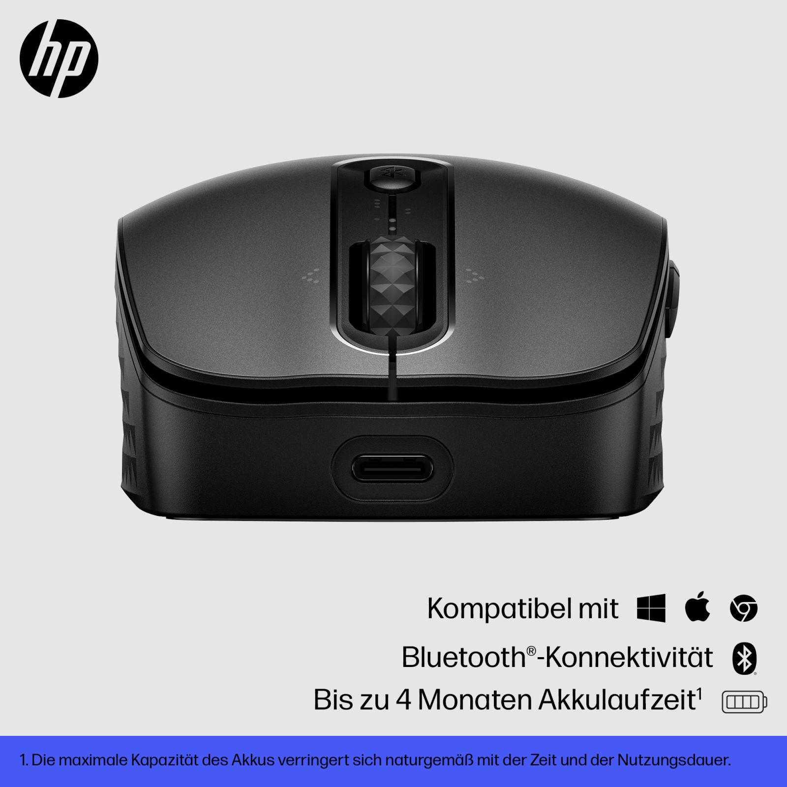 Vista frontal de un ratón inalámbrico HP negro con rueda de desplazamiento y puerto USB-C, con texto en alemán.