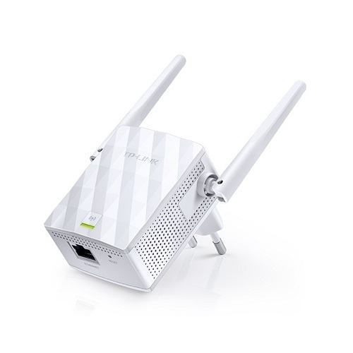 Beyaz arka planda iki antenli ve Ethernet portlu beyaz bir TP-Link Wi-Fi menzil genişletici.