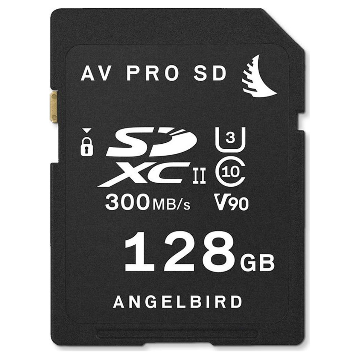 Carte mémoire noire Angelbird AV PRO SDXC II 128 Go avec 300 Mo/s et indice V90 sur fond blanc.