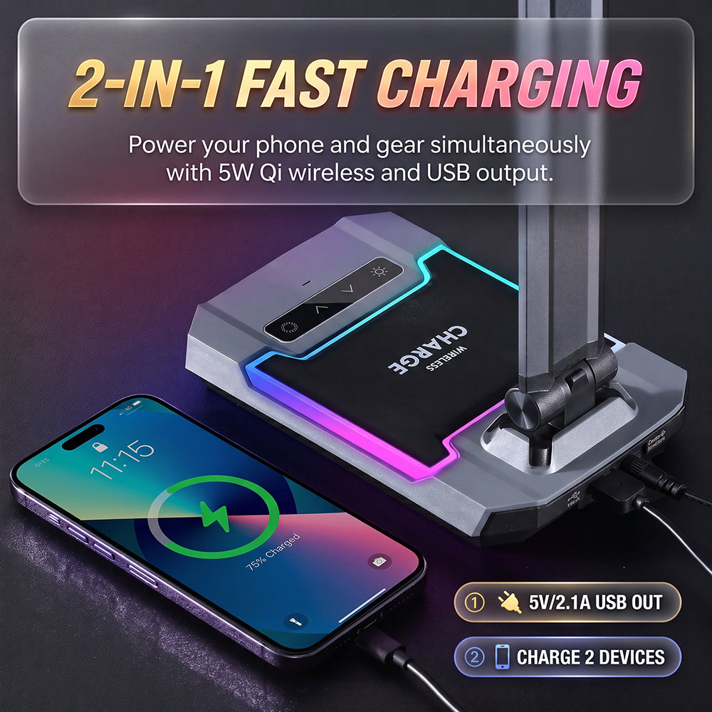 Schreibtischlampenbasis mit kabelloser Ladestation und Smartphone per USB angeschlossen.