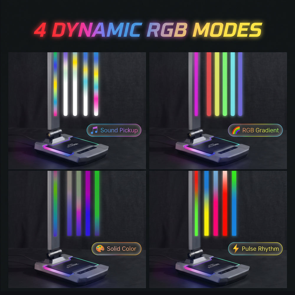 Vier Bilder einer Lampe mit verschiedenen dynamischen RGB-Modi wie Sound Pickup, RGB Gradient, Solid Color und Pulse Rhythm.