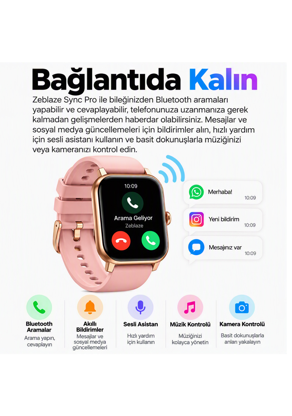 Gelen arama ve bildirimler gösteren pembe Zeblaze Sync Pro akıllı saat.