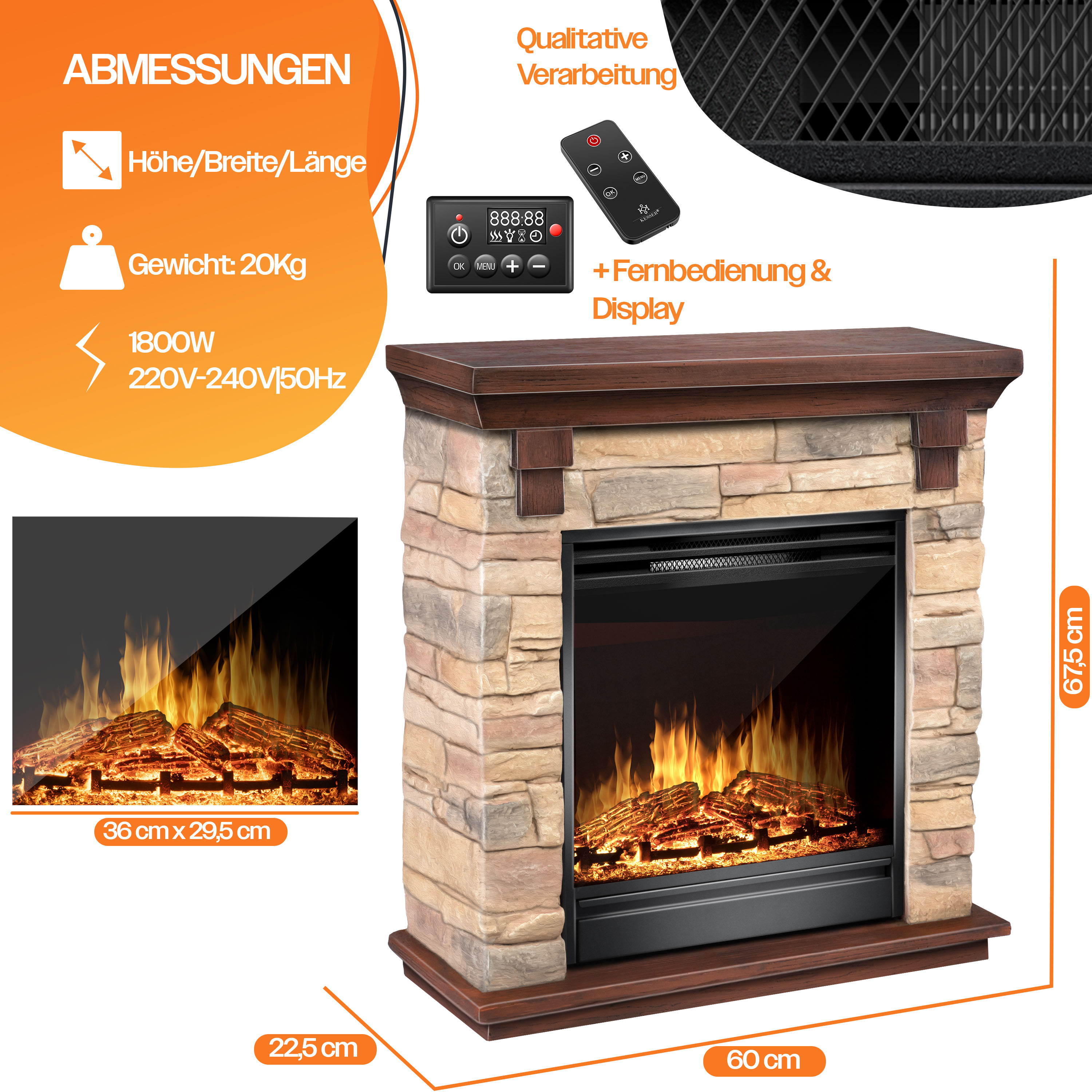 Elektrischer Kamin in Steinoptik mit Holz-Mantel, Fernbedienung, Display und Maßen.